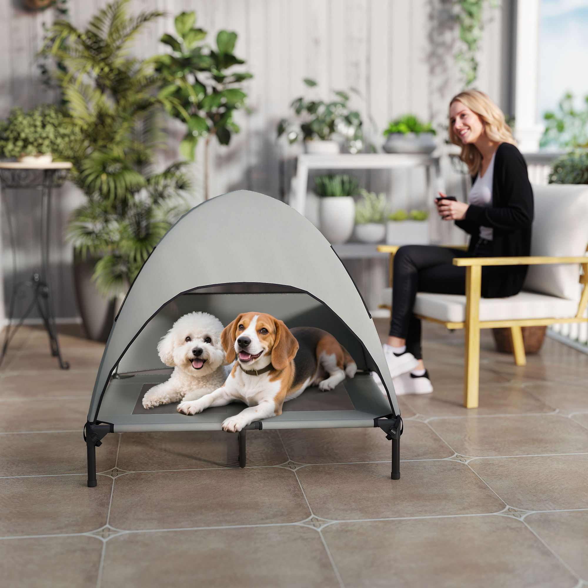 Hundeliege Outdoor mit Dach, erhöhtes Hundebett für Große Hunde, 91 x 76 x 90 cm, Hellgrau