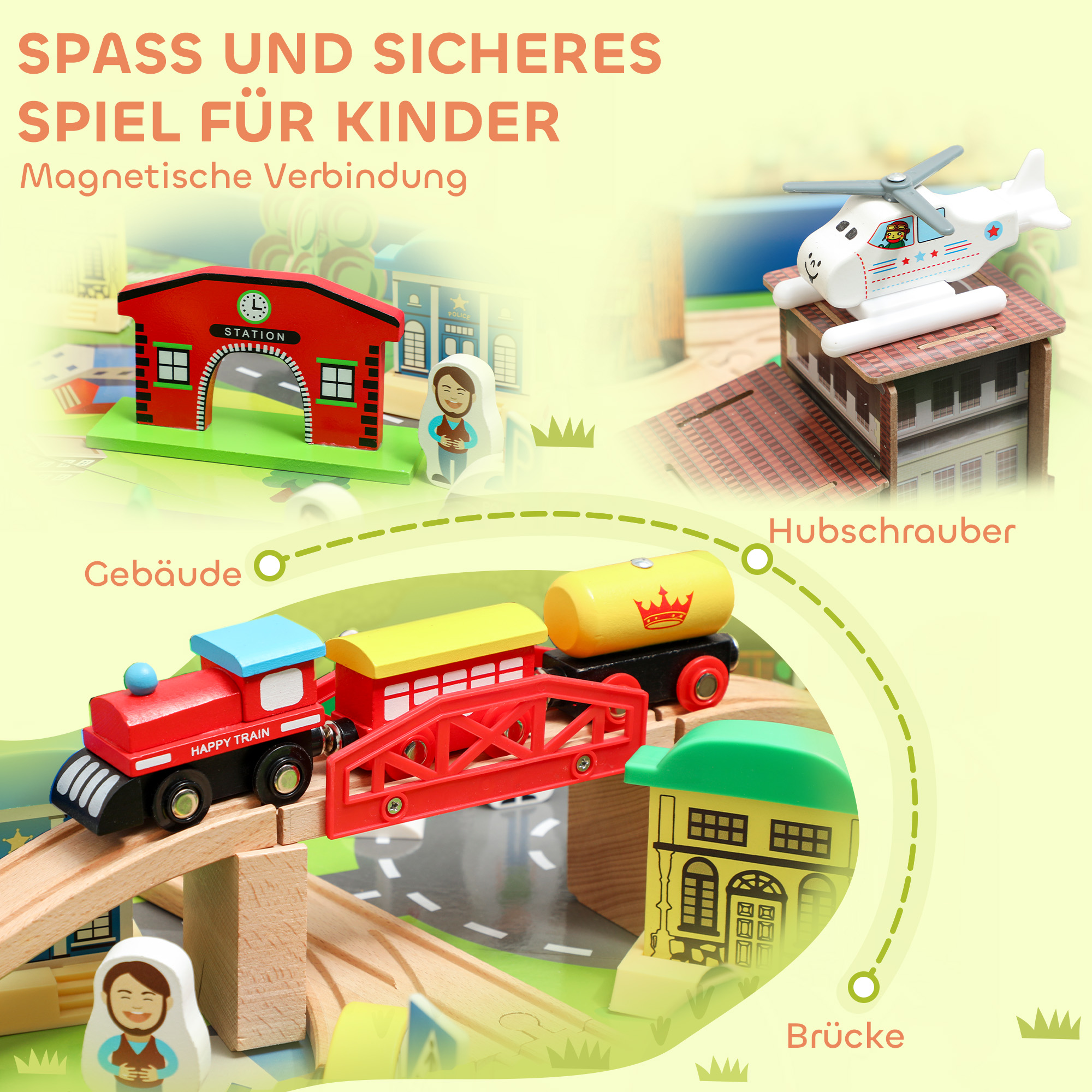 Spieltisch, 108-teiliges Eisenbahn-Set aus Holz, mit abnehmbarer Tischplatte, Eisenbahntisch, 98x60,5x40 cm, Blau