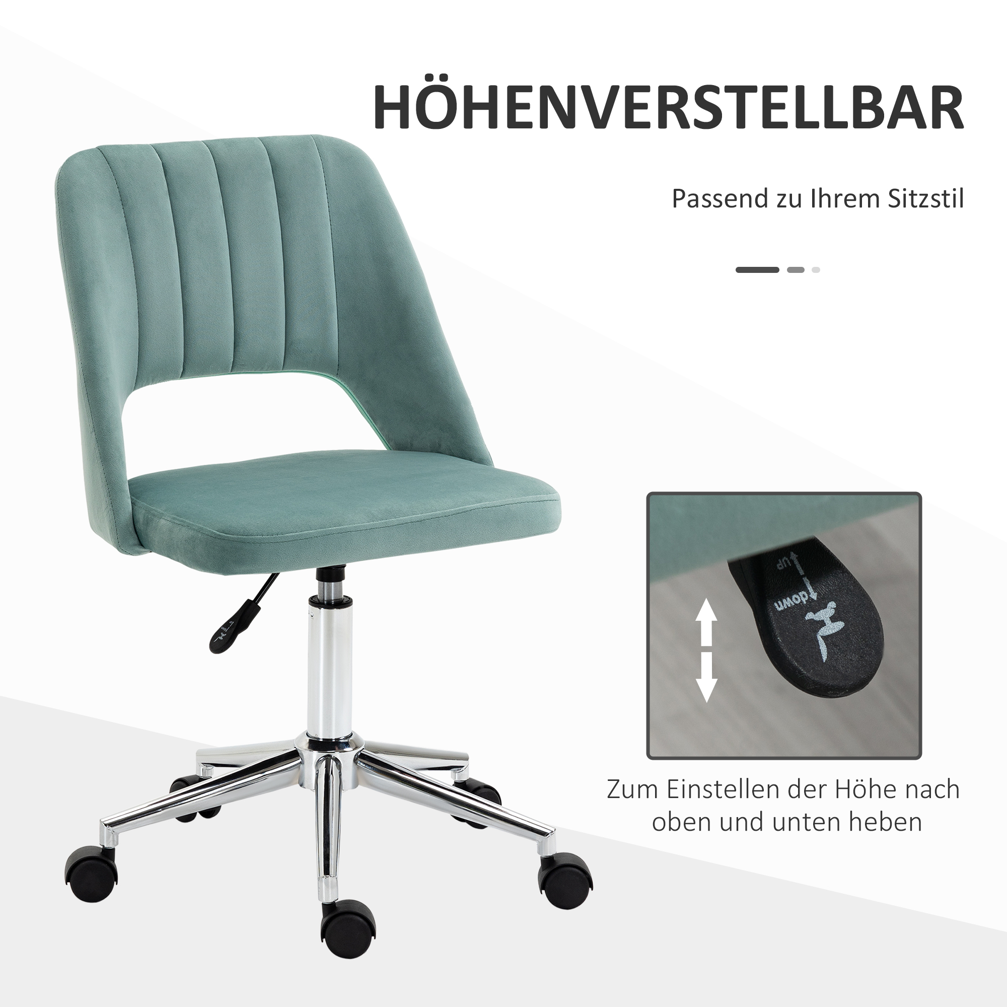 höhenverstellbarer Schreibtischstuhl mit Rollen, 360° drehbar, Jakobsmuschel-Form, Schaumstoff, 49 x 60 x 79-91 cm, Grün