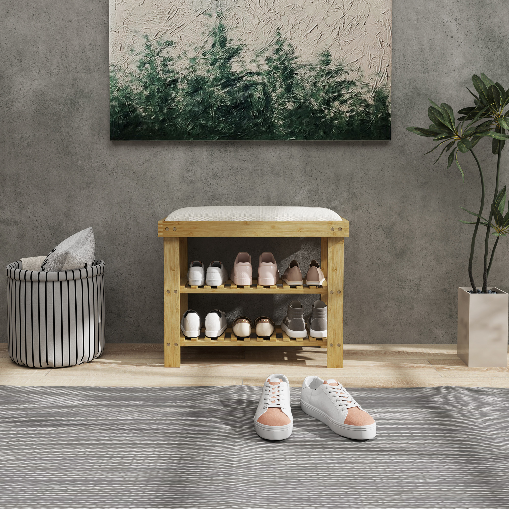 Schuhbank mit Sitzfläche, Bambus Sitzbank mit Stauraum, 2 offene Fächer, Sitzbank 60 x 29 x 49 cm Cremeweiß