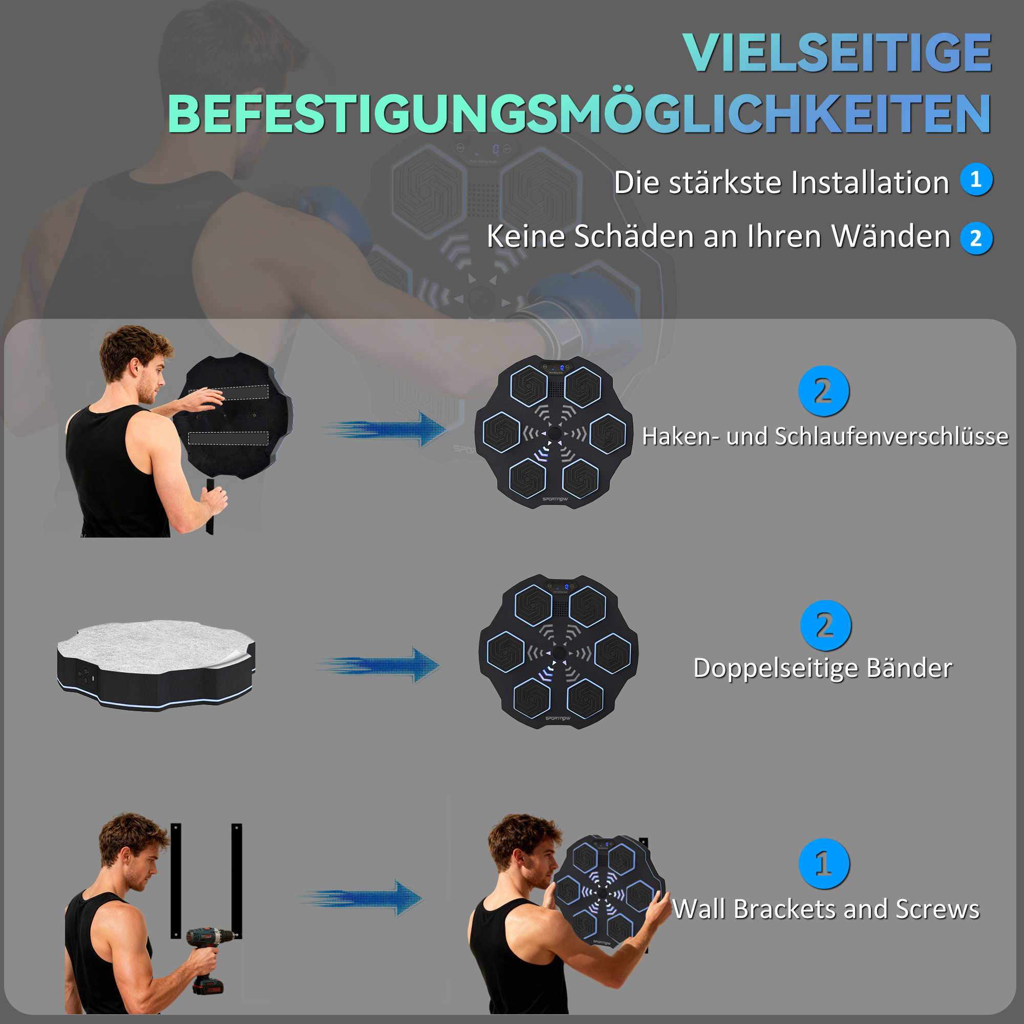 Musikboxmaschine, Bluetooth-Boxgerät, Wandmontage, 9 Geschwindigkeiten und Modi, LED-Lichter, Schwarz