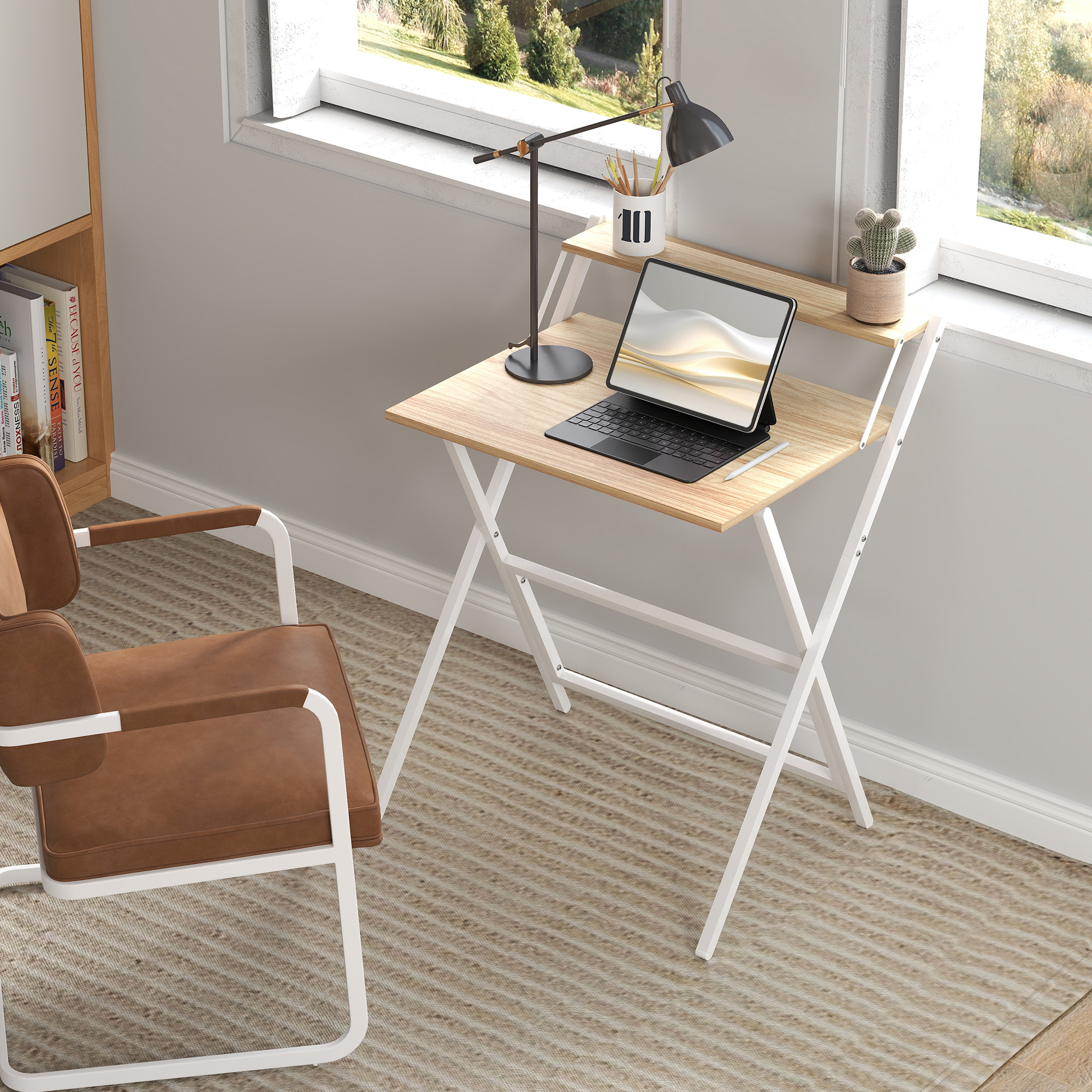 Schreibtisch mit Monitorständer, 70 cm Klappbarer Computertisch für Homeoffice, Kleine Räume, Natur