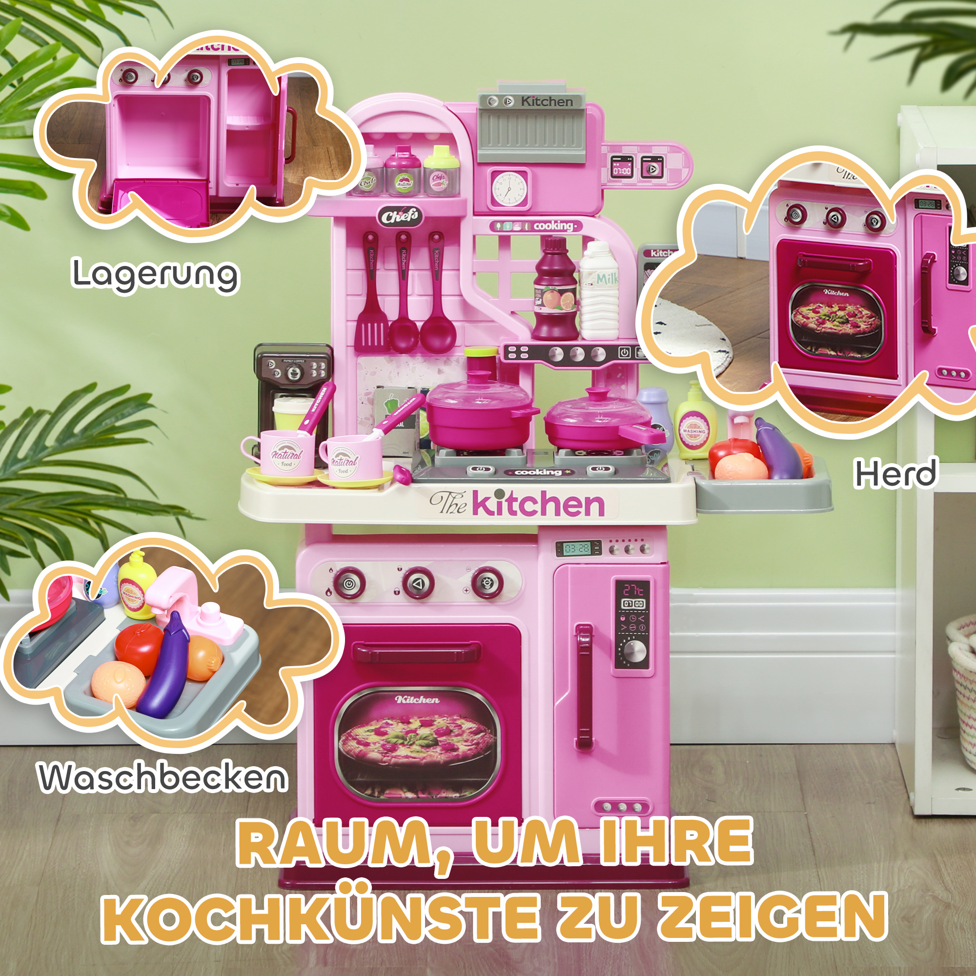 Spielküche, 33-teiliges Set, Licht- & Soundeffekte, für Kinder 3-6 Jahre, Pink