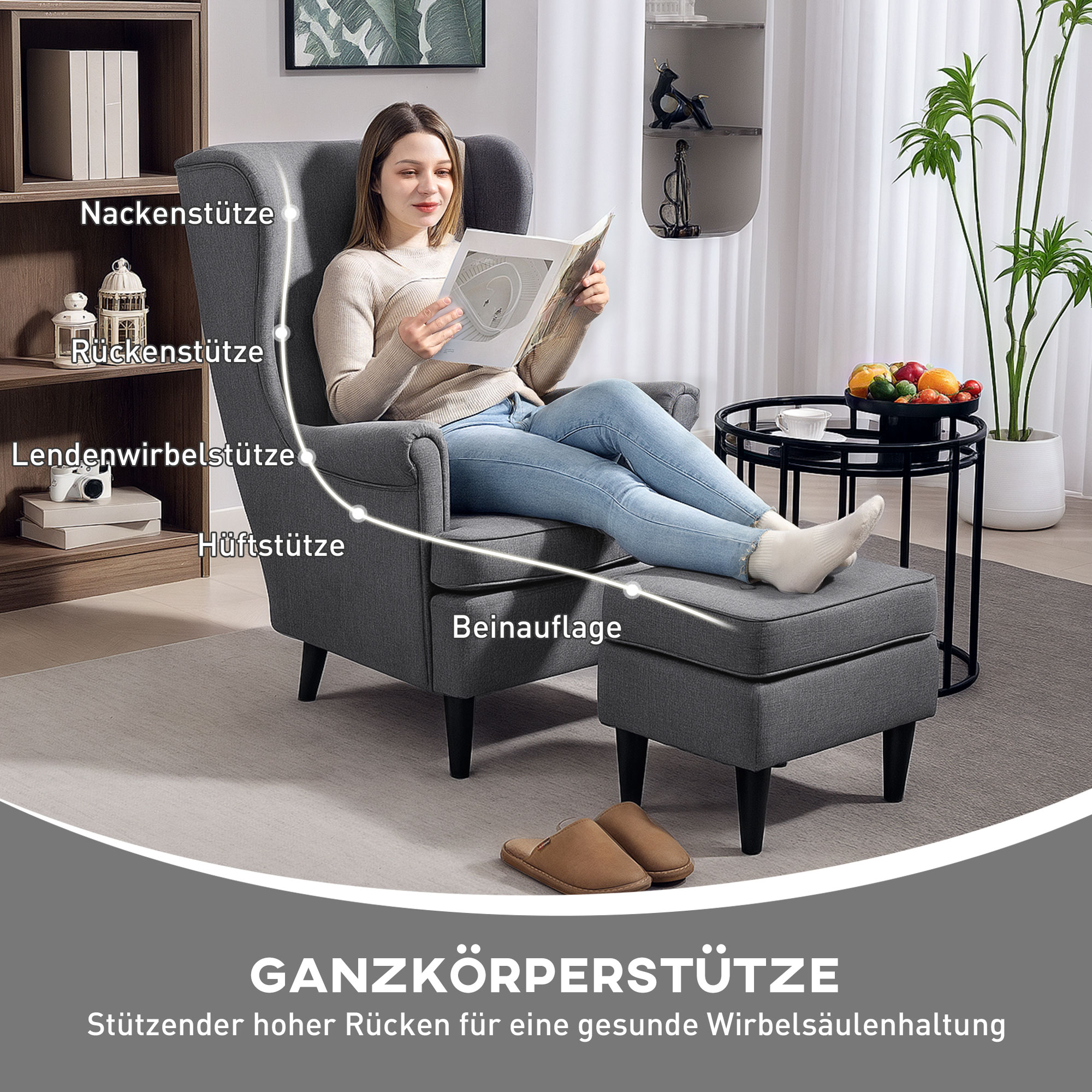Ohrensessel mit Fußhocker, Polstersessel mit Kautschukholzbeinen, Stoffbezug, Grau