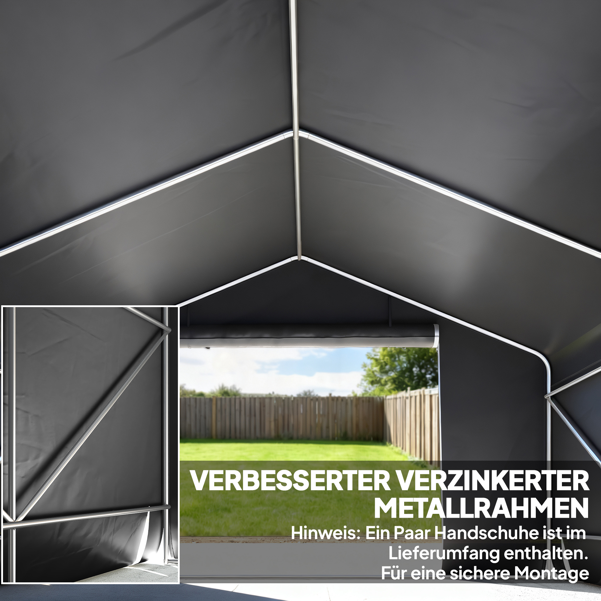 Tragbarer Gartenschuppen, Fahrradzelt, Rolltür mit Reißverschluss, Metallrahmen, vielseitige Aufbewahrung, Dunkelgrau