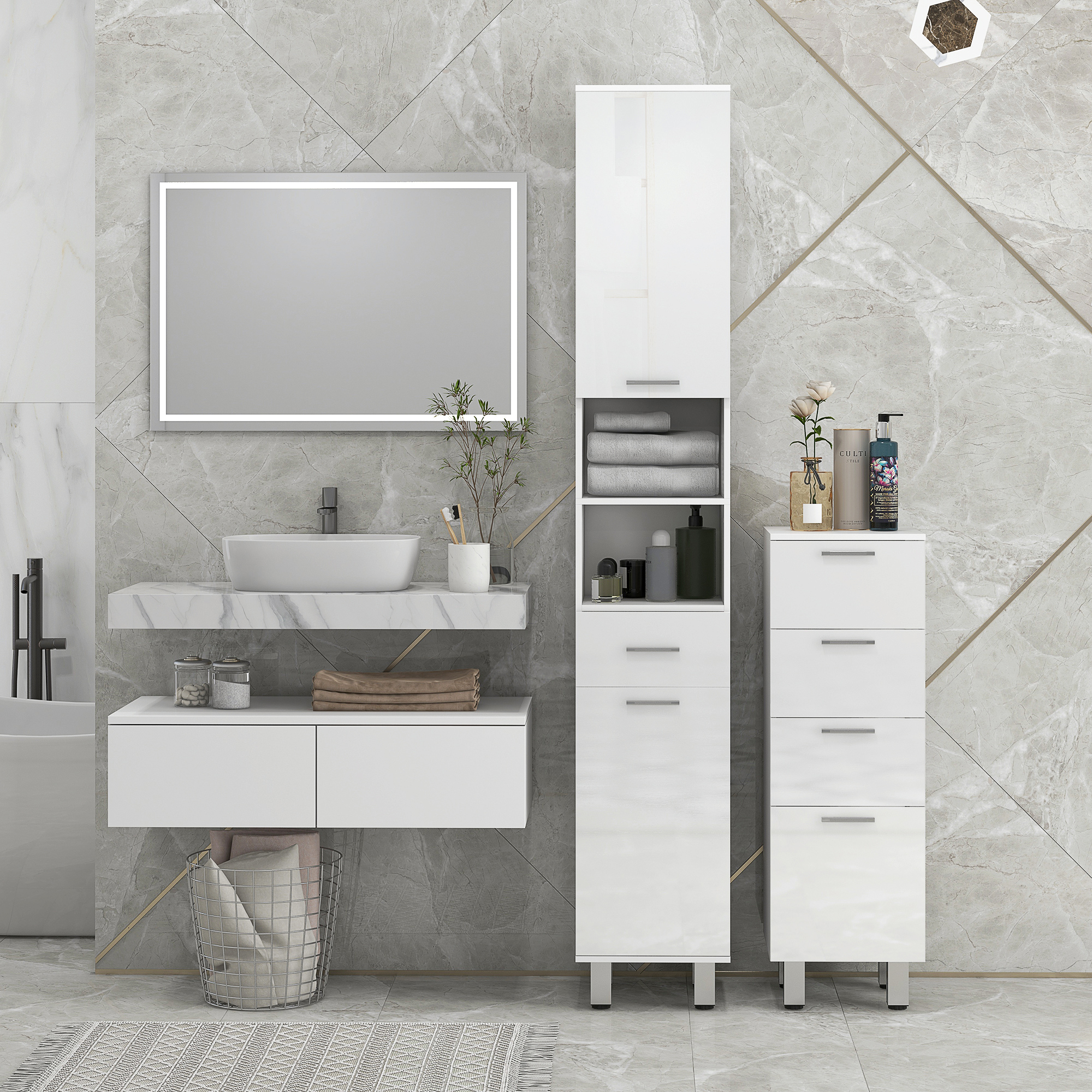 Badezimmerschrank, Badschrank, 4 Schubladen, Spanplatte, glatt, Weiß