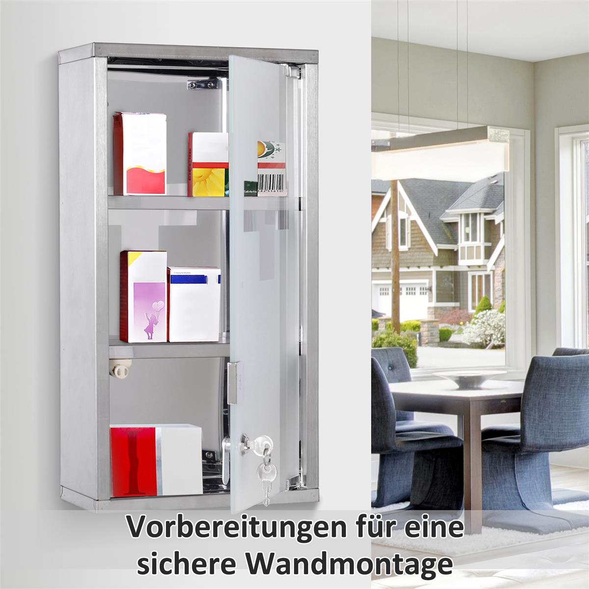 Medizinschrank aus Edelstahl Arzneischrank zur Medikamenten-Aufbewahrung, Abschließbar Medikamentenschrank mit 3 Fächer, Glastür 25 x 12 x 48 cm, Silber