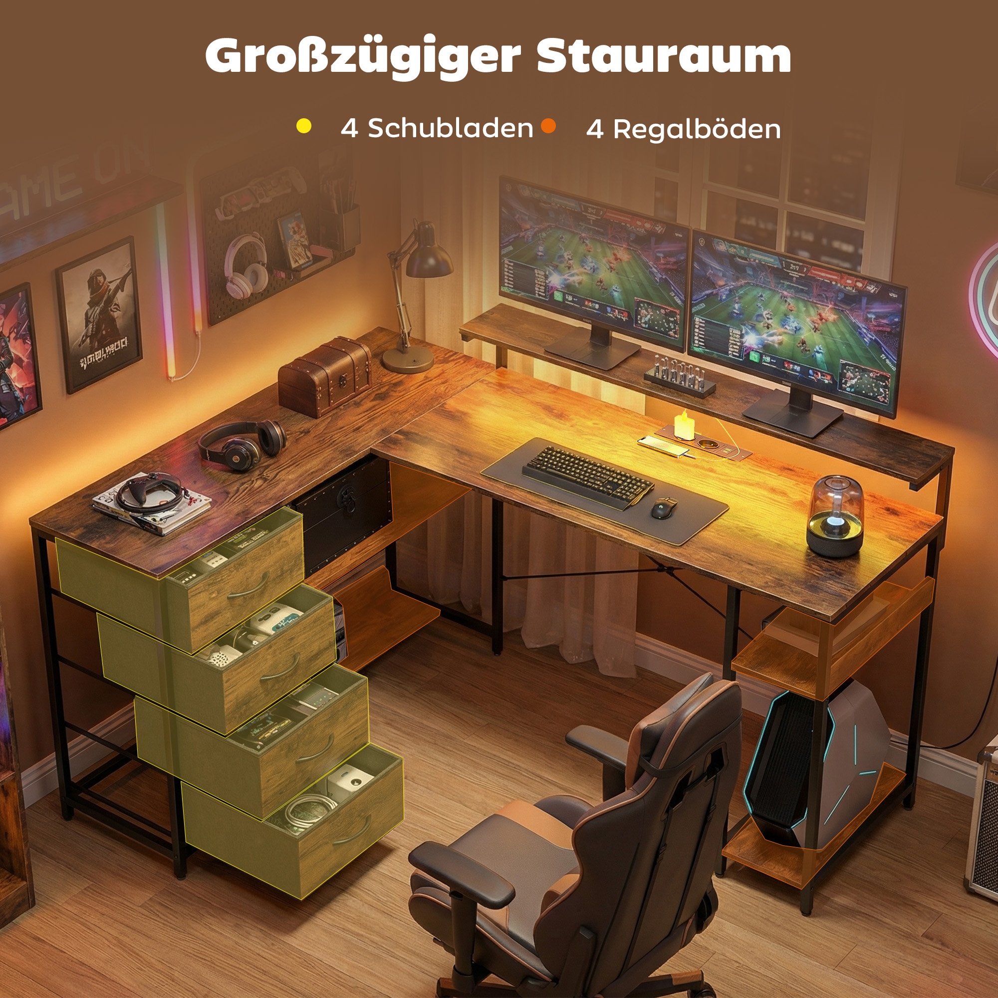 Gaming Tisch L-förmig Schreibtisch mit Stromanschluss LED-Beleuchtung 4 Schubladen Monitorständer 155x110x91,4 cm Braun