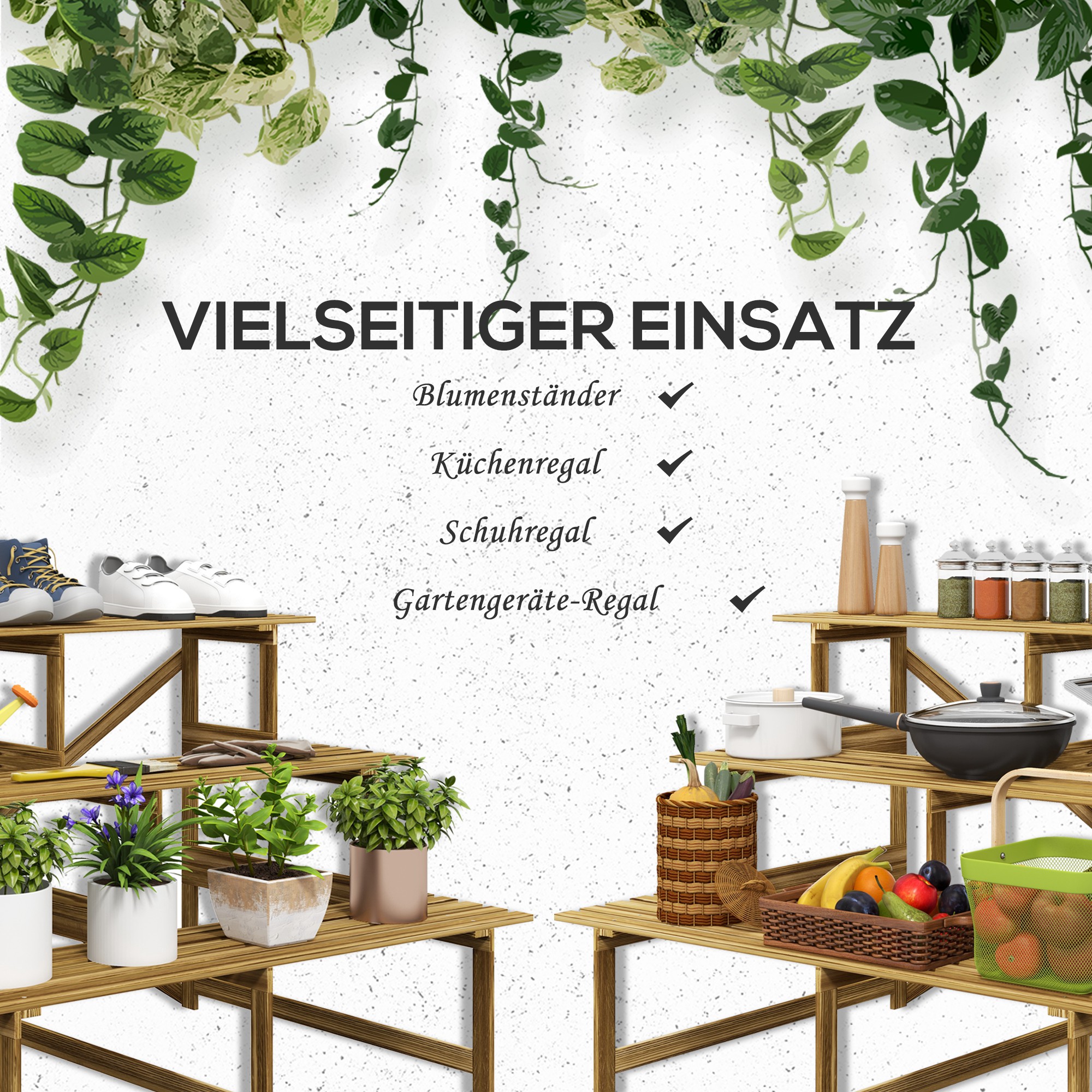 Pflanzentreppe, Blumentreppe, Blumenregal, Pflanzregal, Blumenständer, 3 Stufen, Tannenholz, 120 x 80 x 78cm