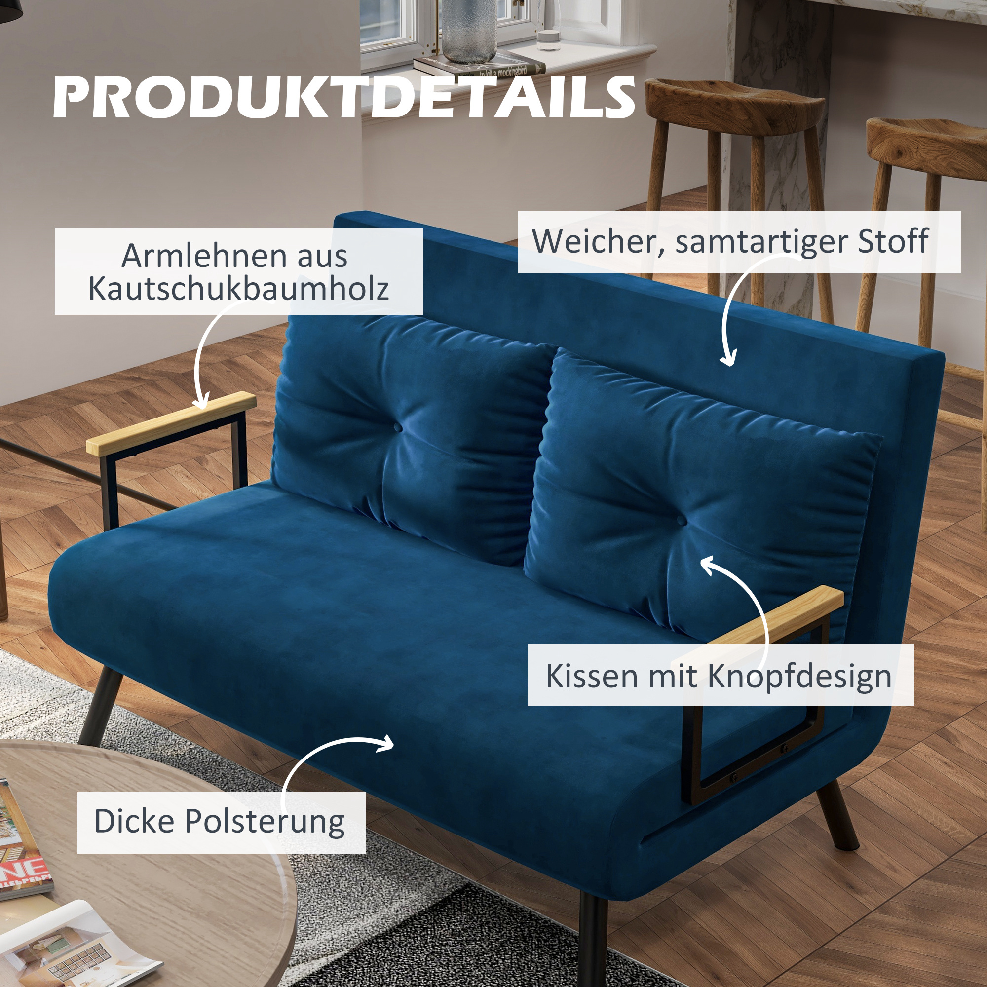 Schlafsofa 2er-Sofa Samtsofa, Schlaffunktion, inkl. 2 Kissen, Samtoptik, Natur + Blau