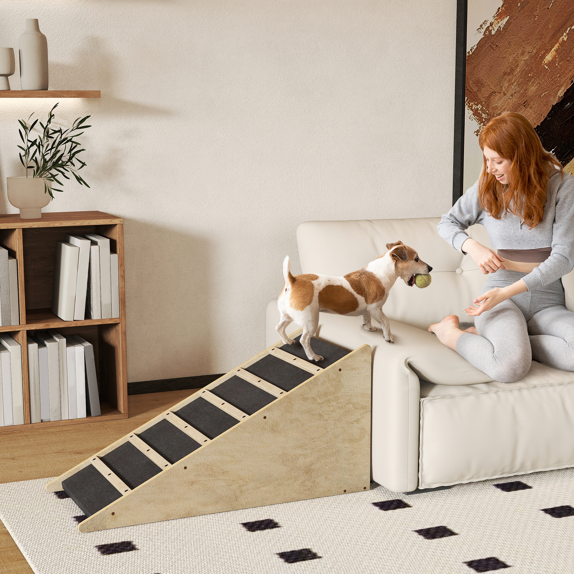 Haustiertreppe, Hundetreppe, Kiefernholz, Anti-Rutsch-Beschichtung, 90 cm x 40 cm x 45 cm, Natur + Grau