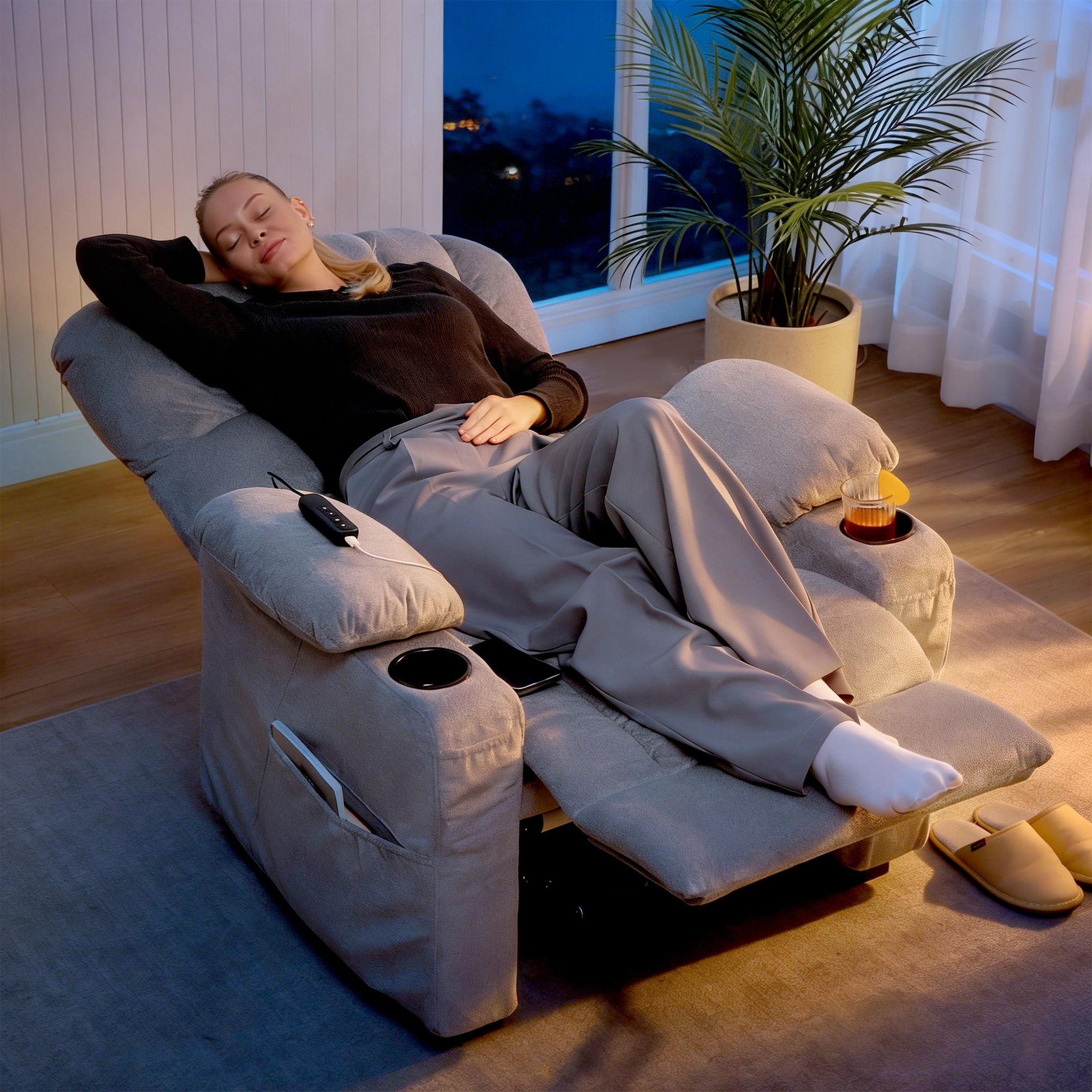 Relaxsessel Elektrisch Fernsehsessel mit Liegefunktion, USB, Getränkehalter, 2 Memory-Positionen für Wohnzimmer, Grau