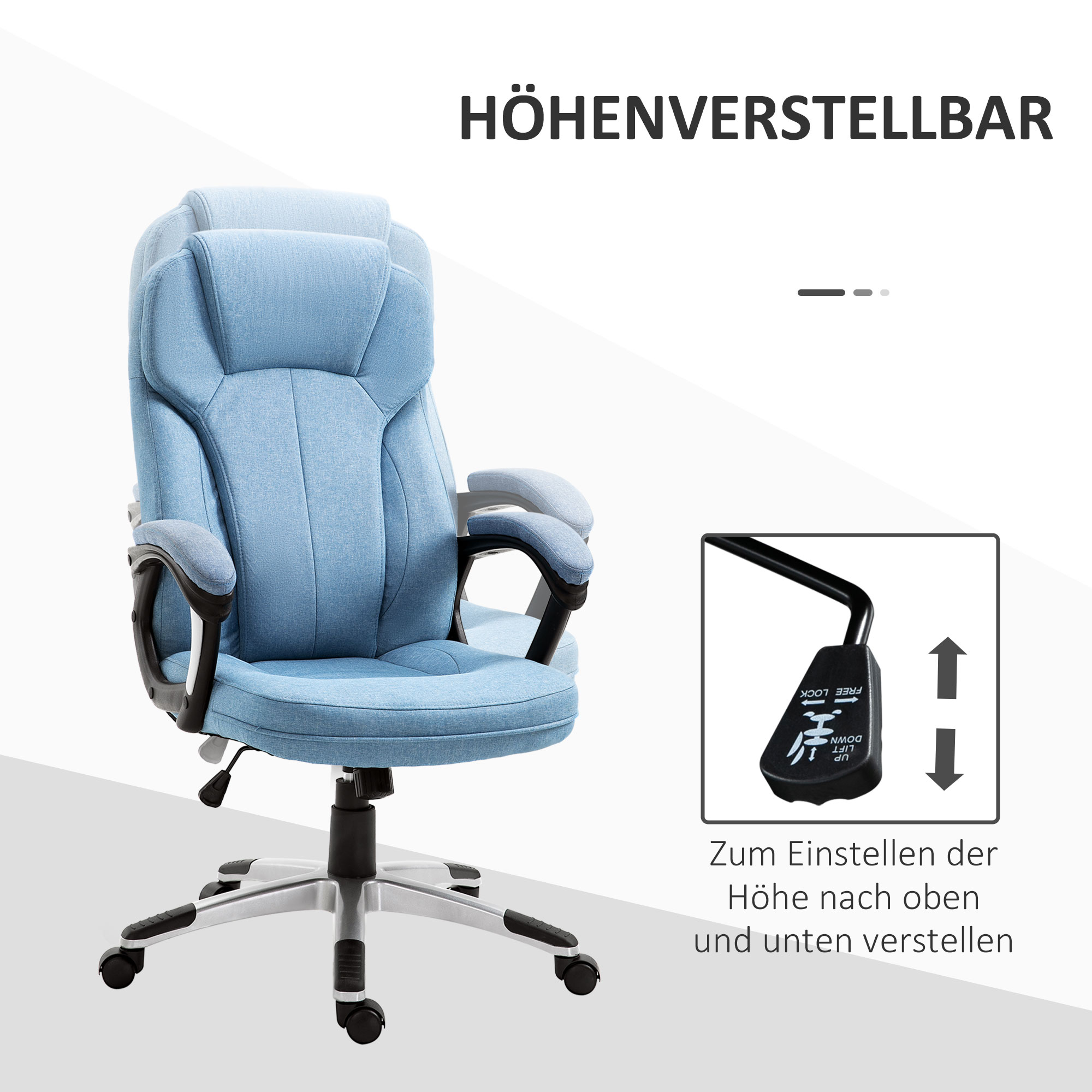 Bürostuhl Computerstuhl Drehstuhl höhenverstellbar Wippfunktion mit Kopfstütze und gepolsterte Armlehnen Ergonomisch Hellblau Leinen 66 x 75 x 110-120 cm