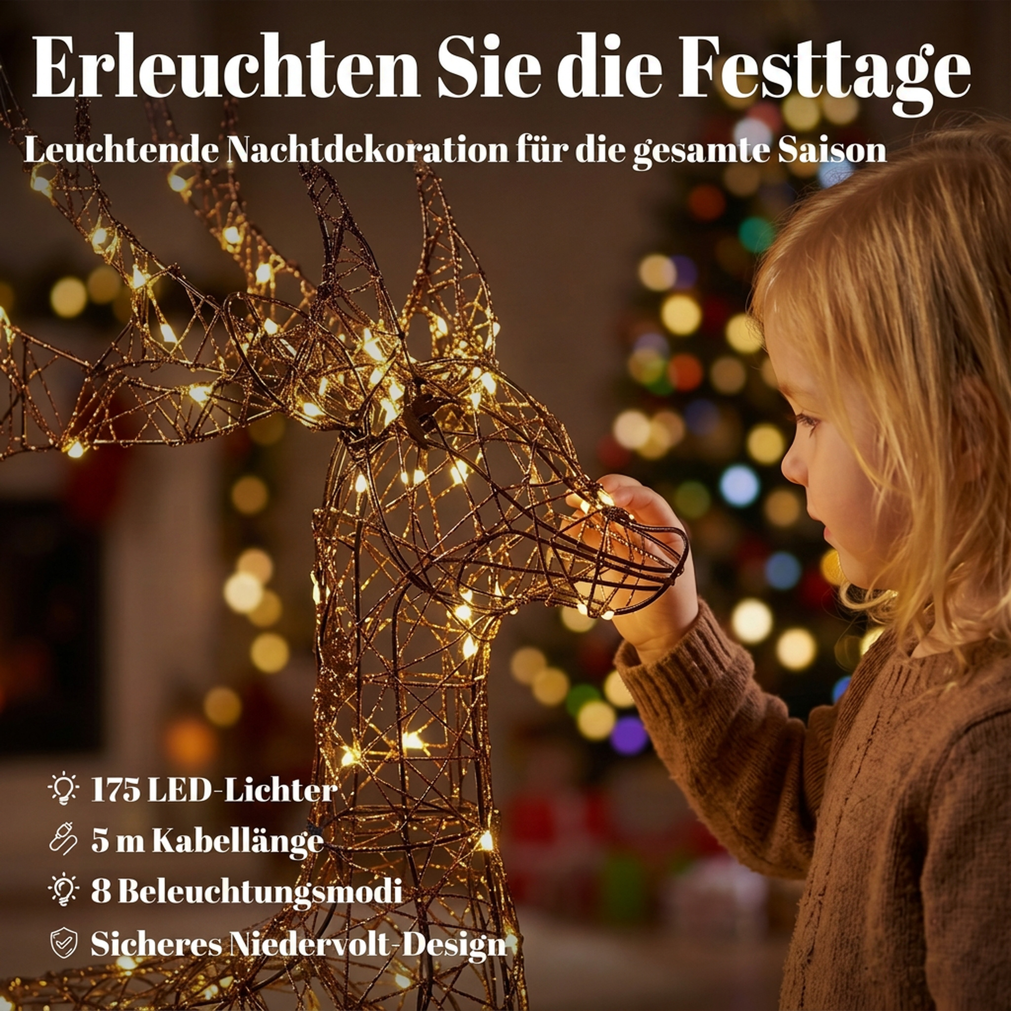 beleuchtetes Rentier- und Schlitten-Set, 2-teilige Weihnachtsdeko aus Polyrattan für außen, mit LEDs, 8 Modi, Timer