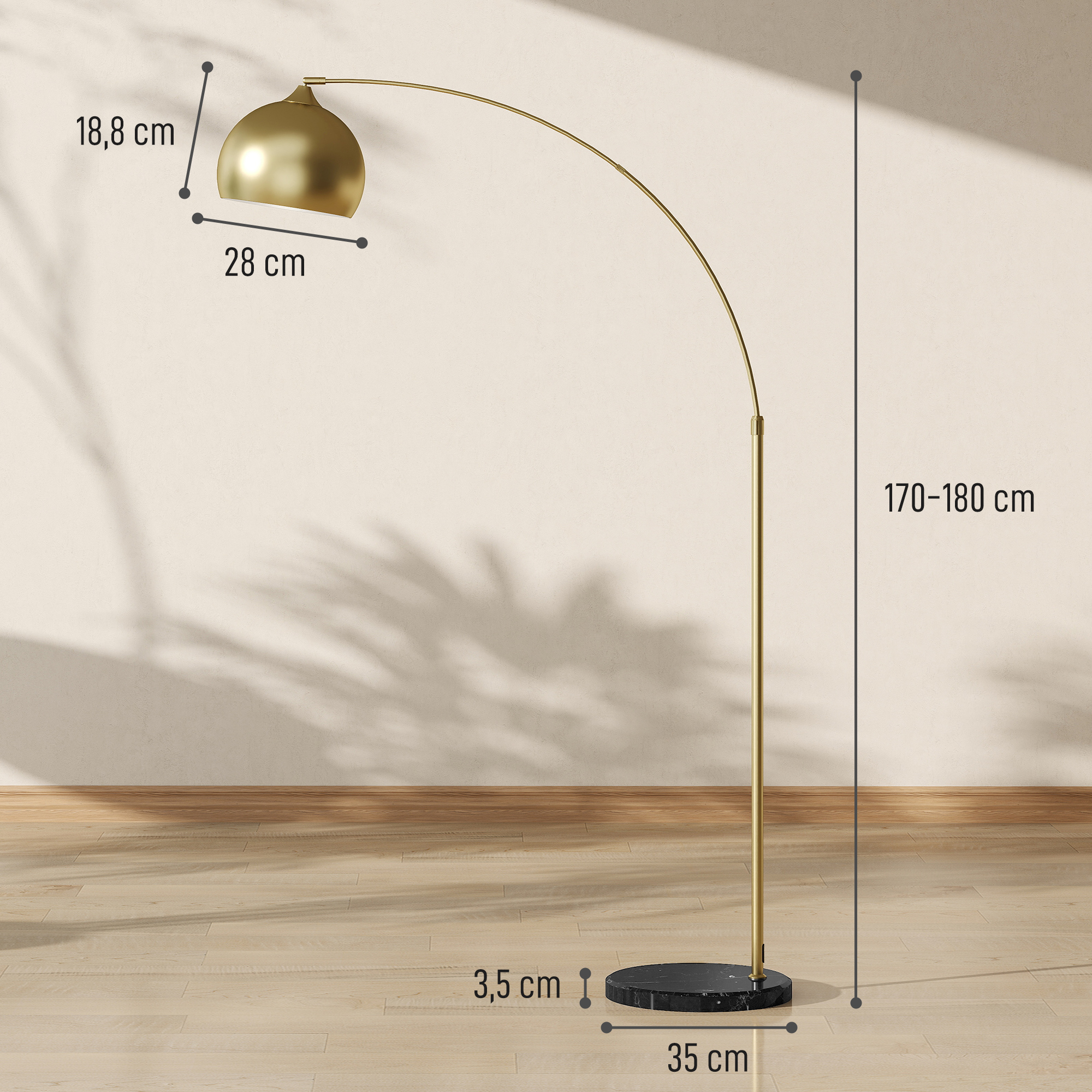 Bogenleuchte, Stehlampe, höhenverstellbar, Fußschalter, Sockel in Marmoroptik, 170-180cm, Gold/Schwarz