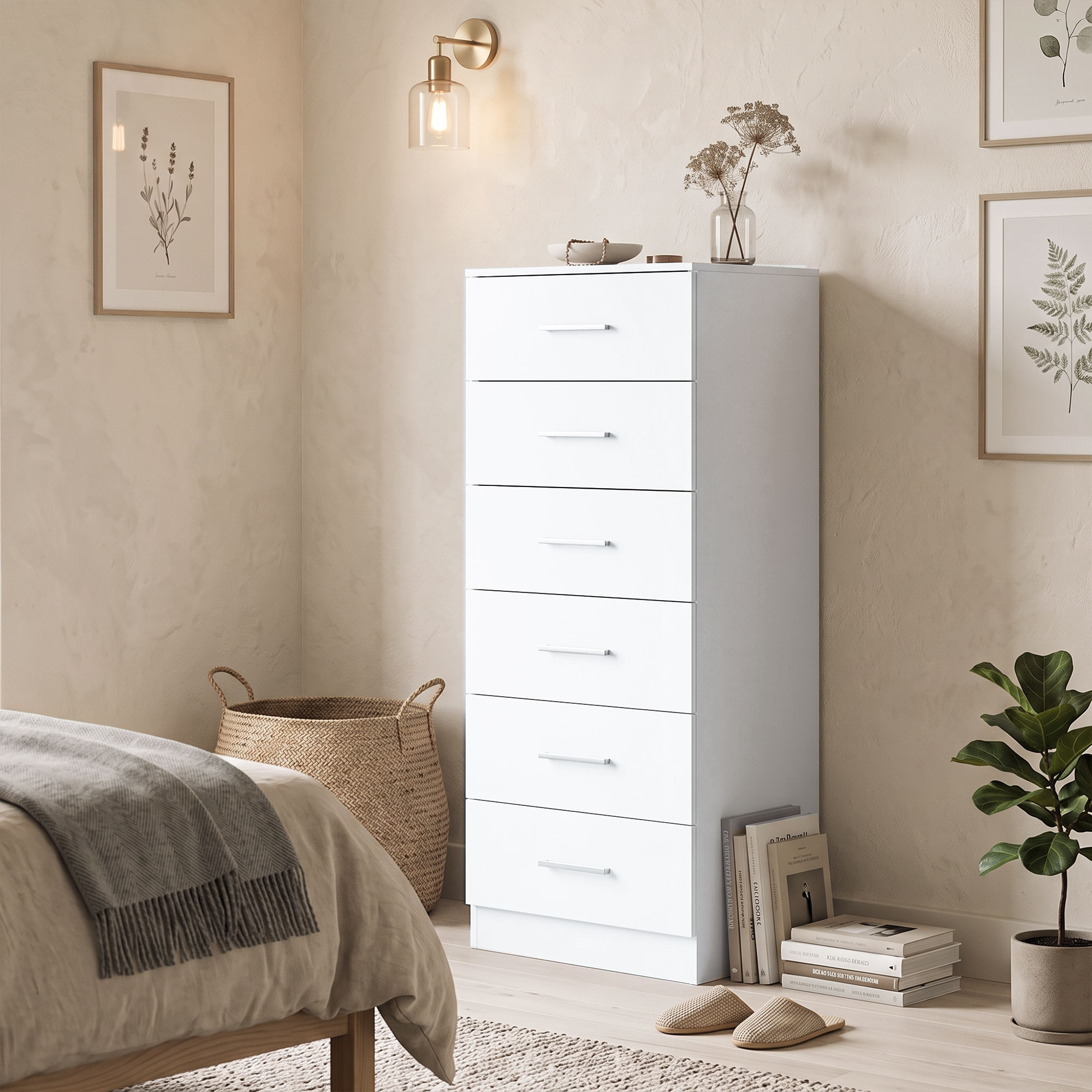 Kommode mit 6 Schubladen, moderne Schlafzimmerkommode, Aufbewahrungsschrank, 40 x 40 x 110 cm, Weiß in Holzoptik