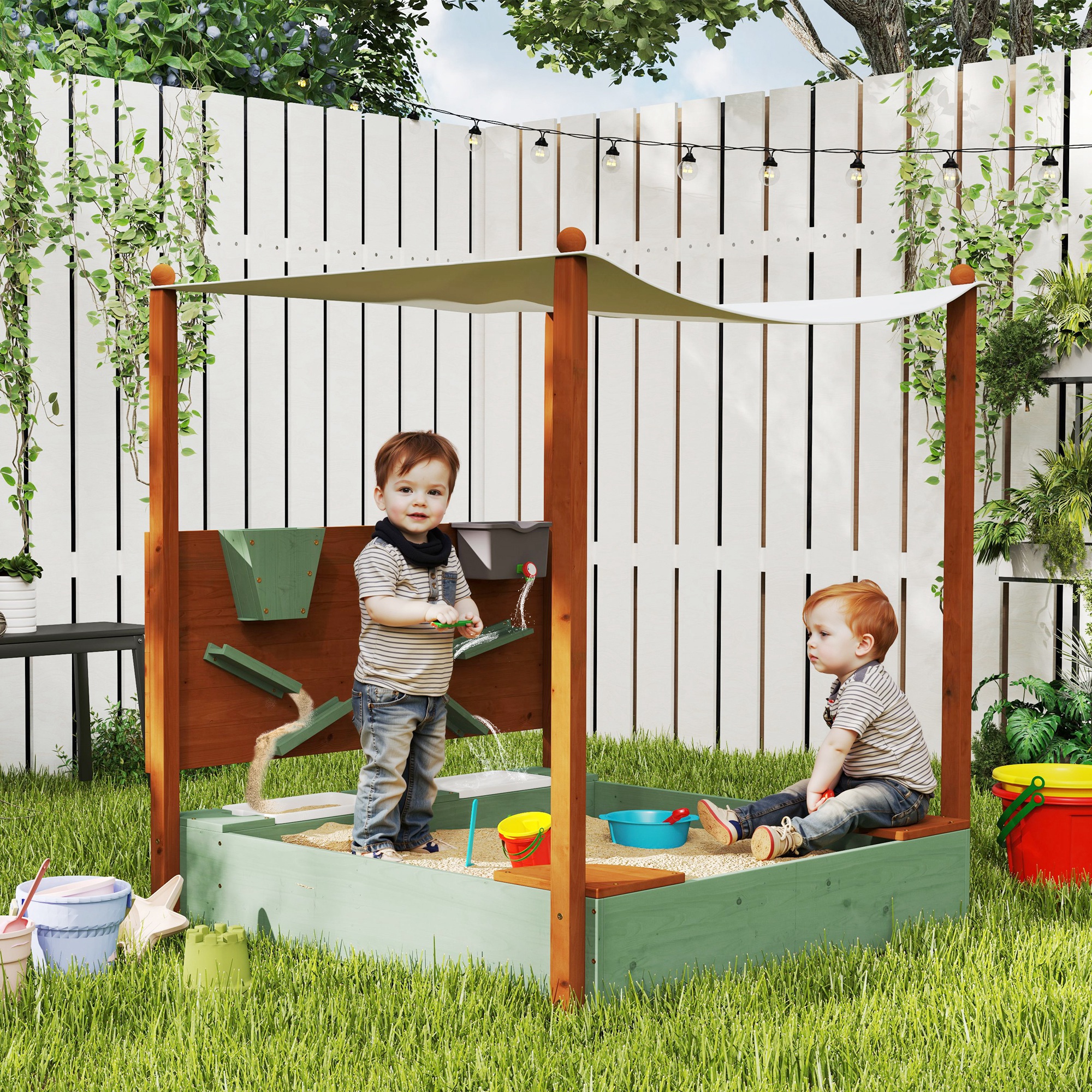 Sandkasten mit Sonnendach für Kinder, 2 Aufbewahrungsbehälter, 116L x 112,5B x 128H cm, Tannenholz, Kunststoff, Grün