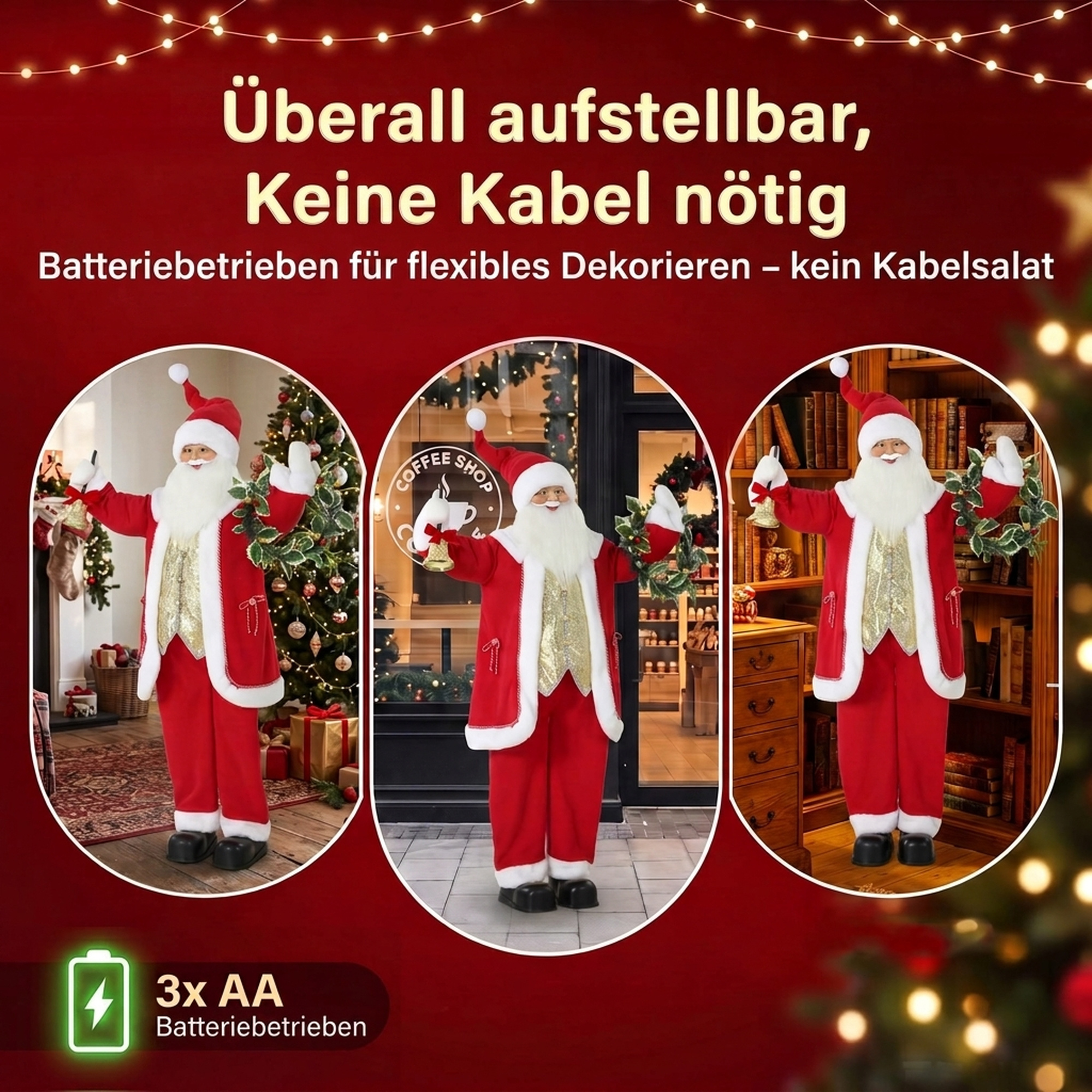 Singender Weihnachtsmann, 150 cm, stehende animierte Weihnachtsfigur mit Glocke und Kranz, per Sound/Berührung aktiviert