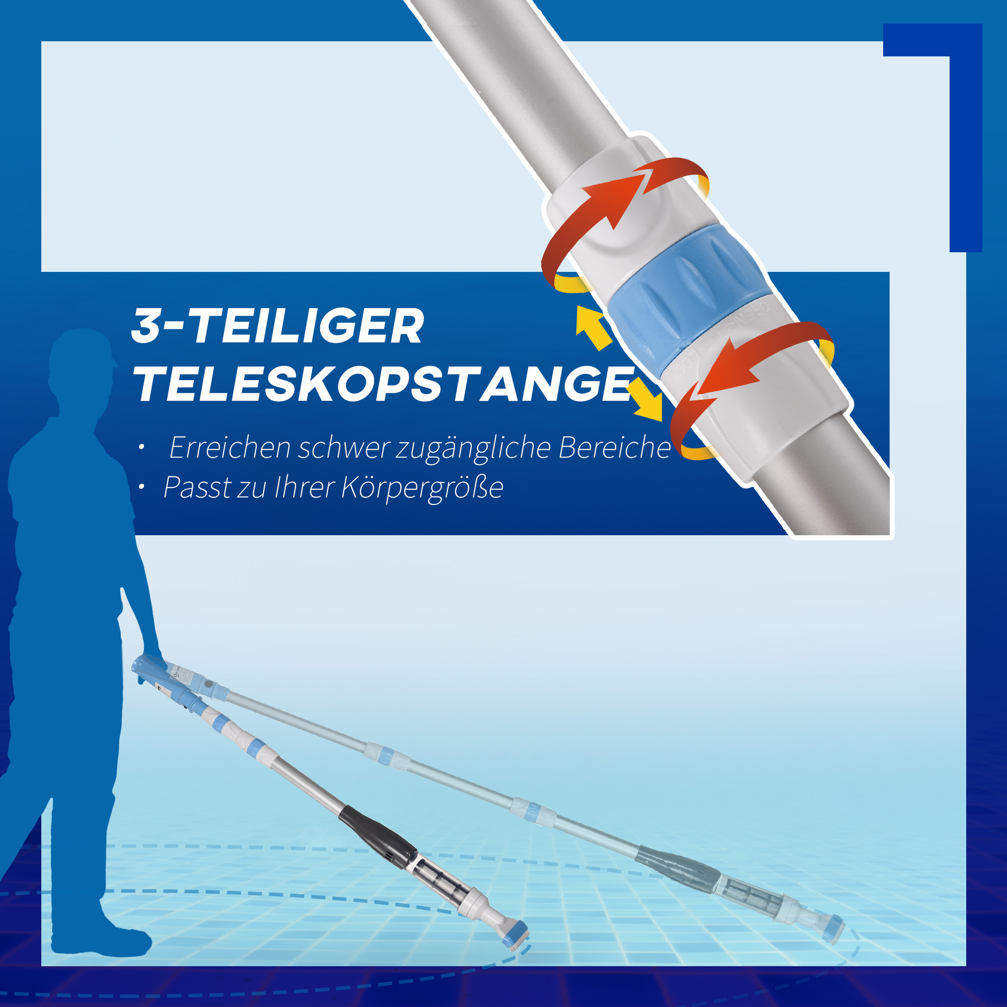 Poolsauger, kabellos, 80 Min. Betrieb, geringes Gewicht: 800g, 19L Wasser/Minute, Aluminium, ?6 x 106-162 cm