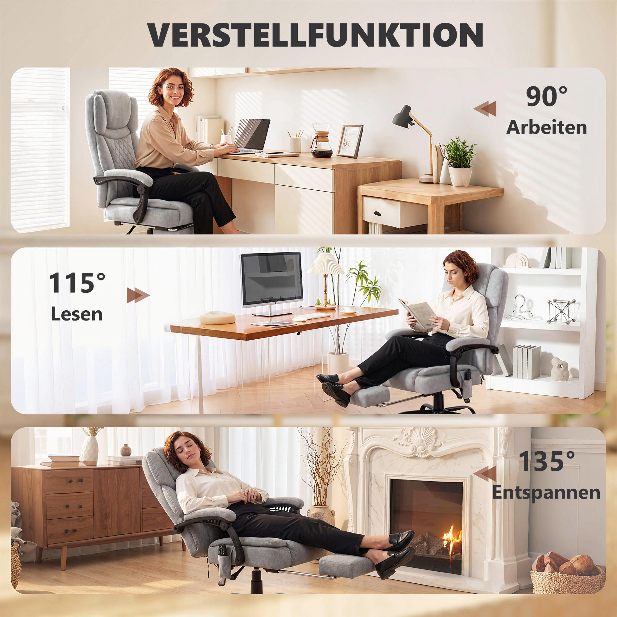 Hochlehner Massage-Bürostuhl mit Vibration, Wärmefunktion, verstellbarer Rückenlehne, Fußstütze, Fernbedienung, grau