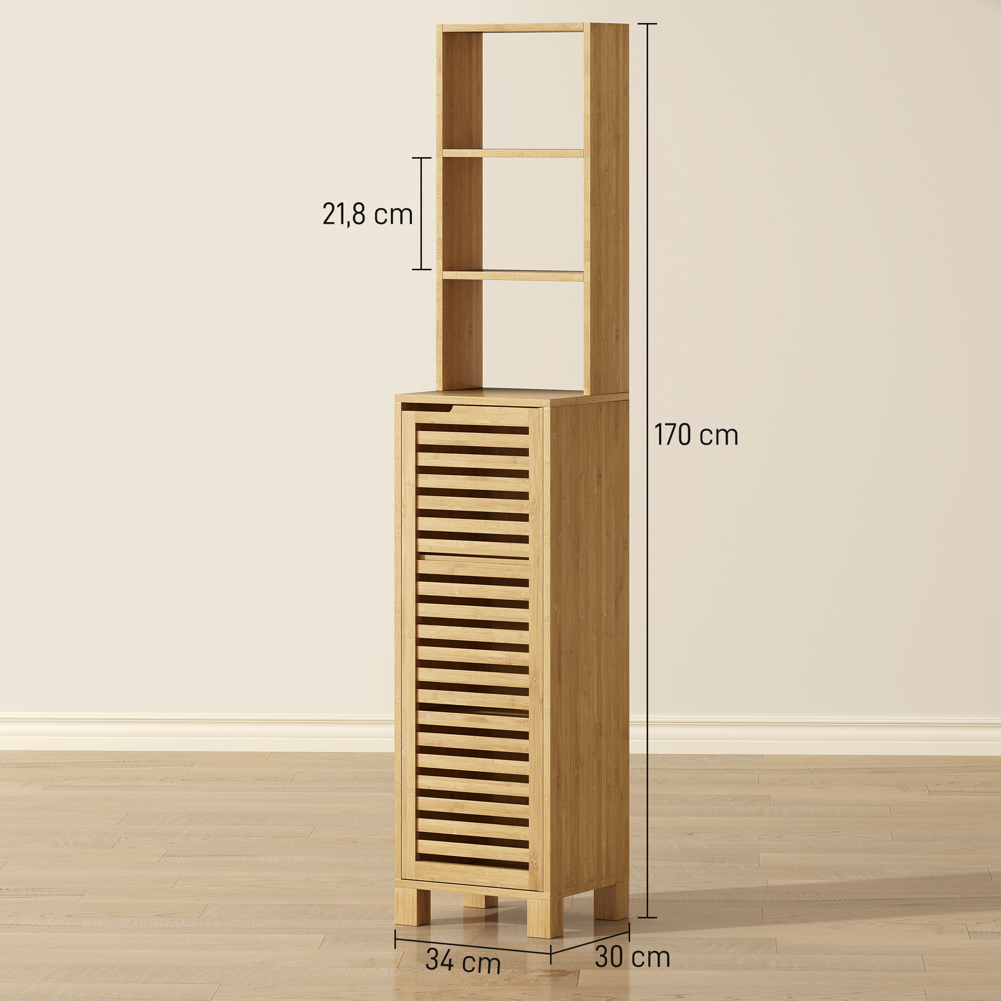 Badezimmerschrank schmal, Hochschrank mit 3 offenen Regalen, verstellbaren Regalen, Lamellentür, 34 x 30 x 170 cm Natur