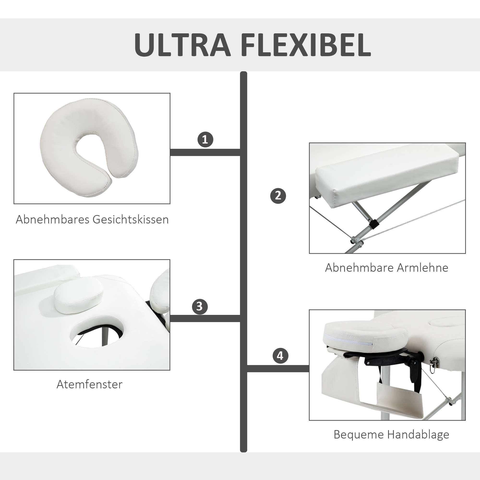 mobile Massageliege 3 Zonen klappbar Massagetisch mit Kopfstütze Armlehne Tragetasche höhenverstellbare Aluminium Massagebett tragbar inkl. Zubehör Massagebank bis 225 kg Belast Weiß
