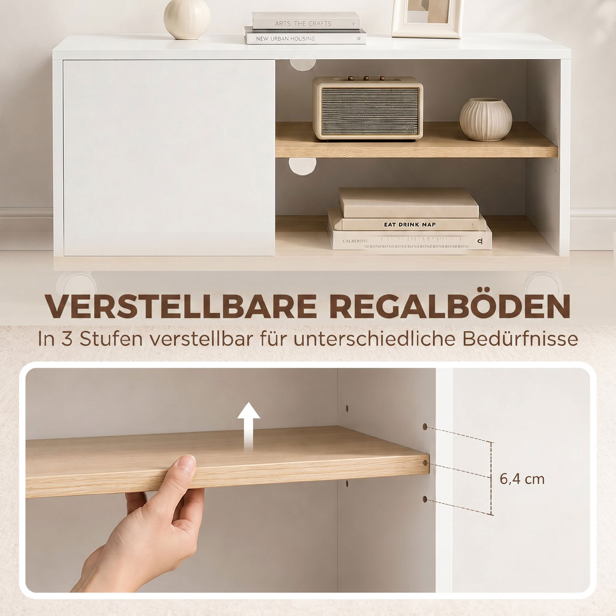 TV-Board auf Rollen mit Bremsen, TV-Möbel mit Schrank und verstellbarer Ablage, Weiß und Eiche