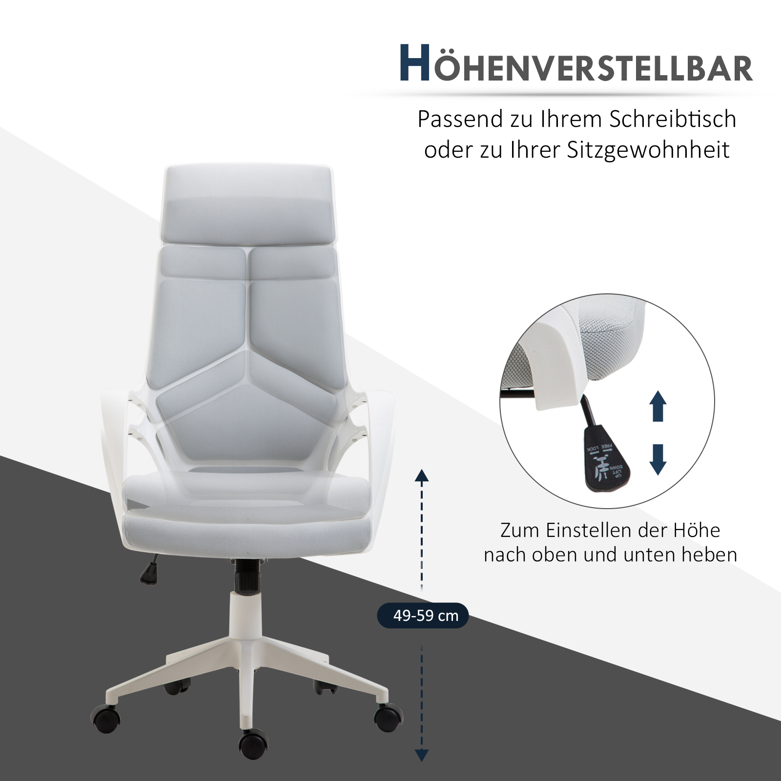 Ergonomischer Bürostuhl, Netz-Gewebe, höhenverstellbar, drehbar, rollbarer Schreibtischstuhl, Grau+Weiß