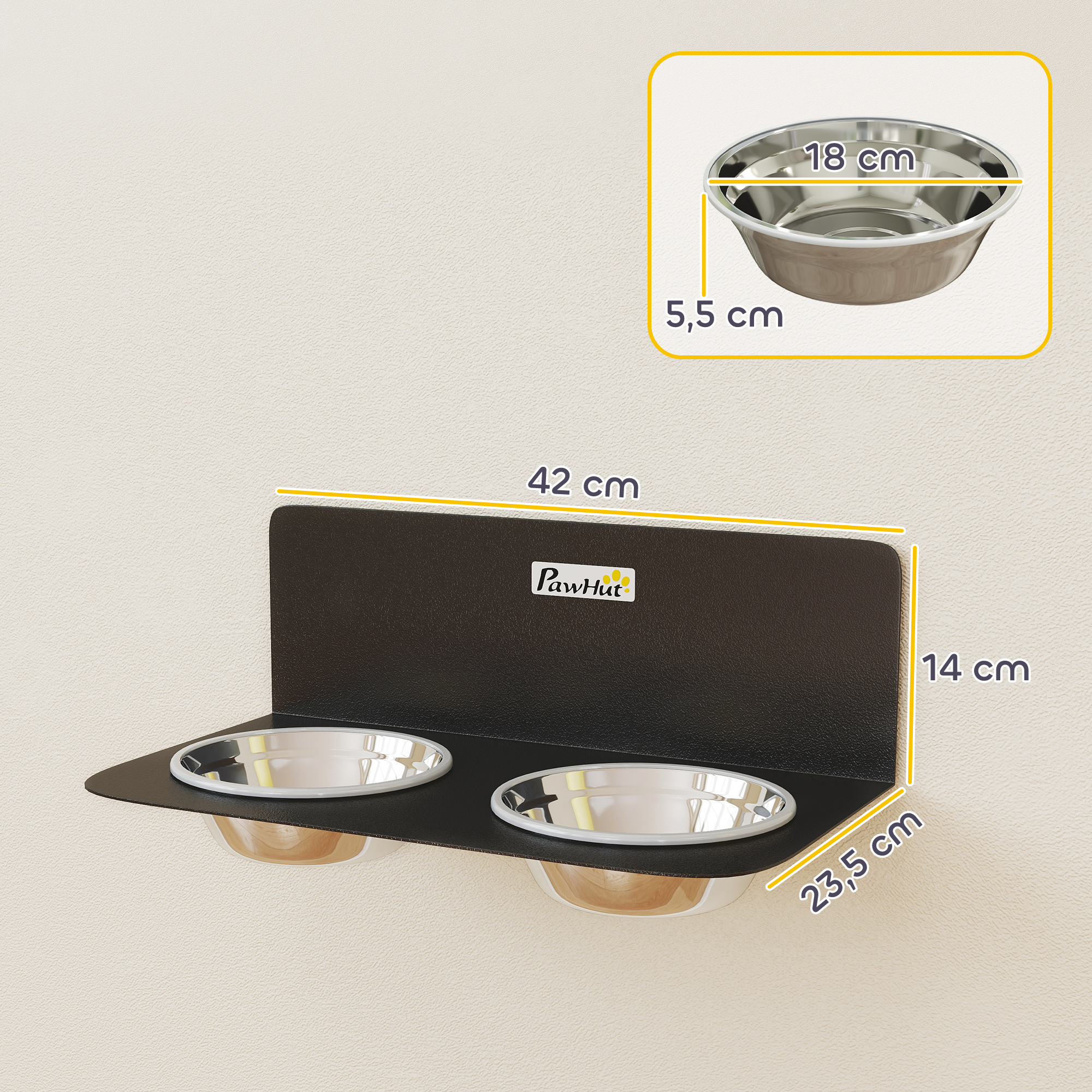 Hundenapf höhenverstellbar Wand Futternapf mit 2 x 800ml Edelstahlnäpfen 42 x 23,5 x 14 cm Schwarz