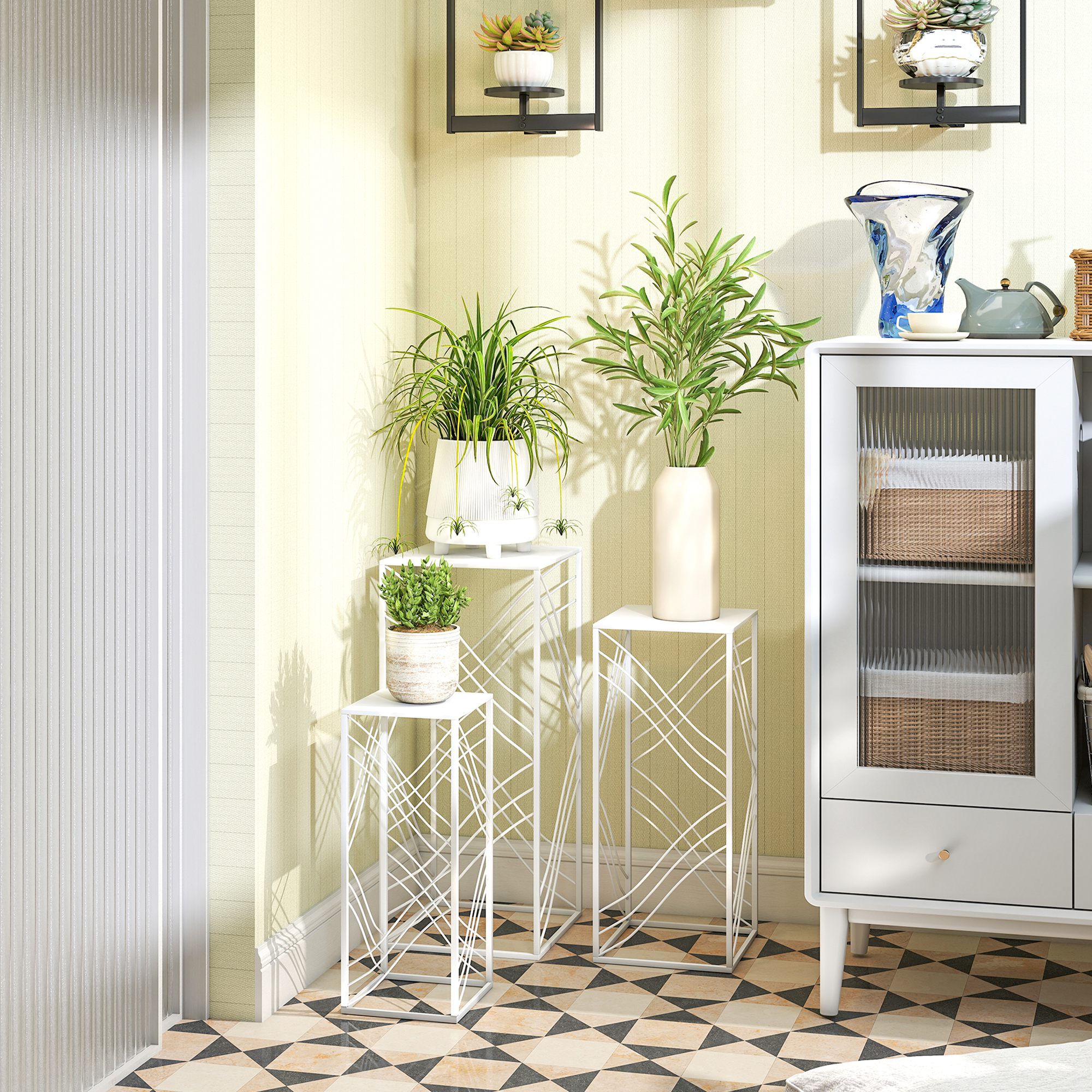 3er-Set Pflanzenständer, 50/60/70 cm hoch Blumenständer, stapelbar Pflanzenregal aus Metall Weiß