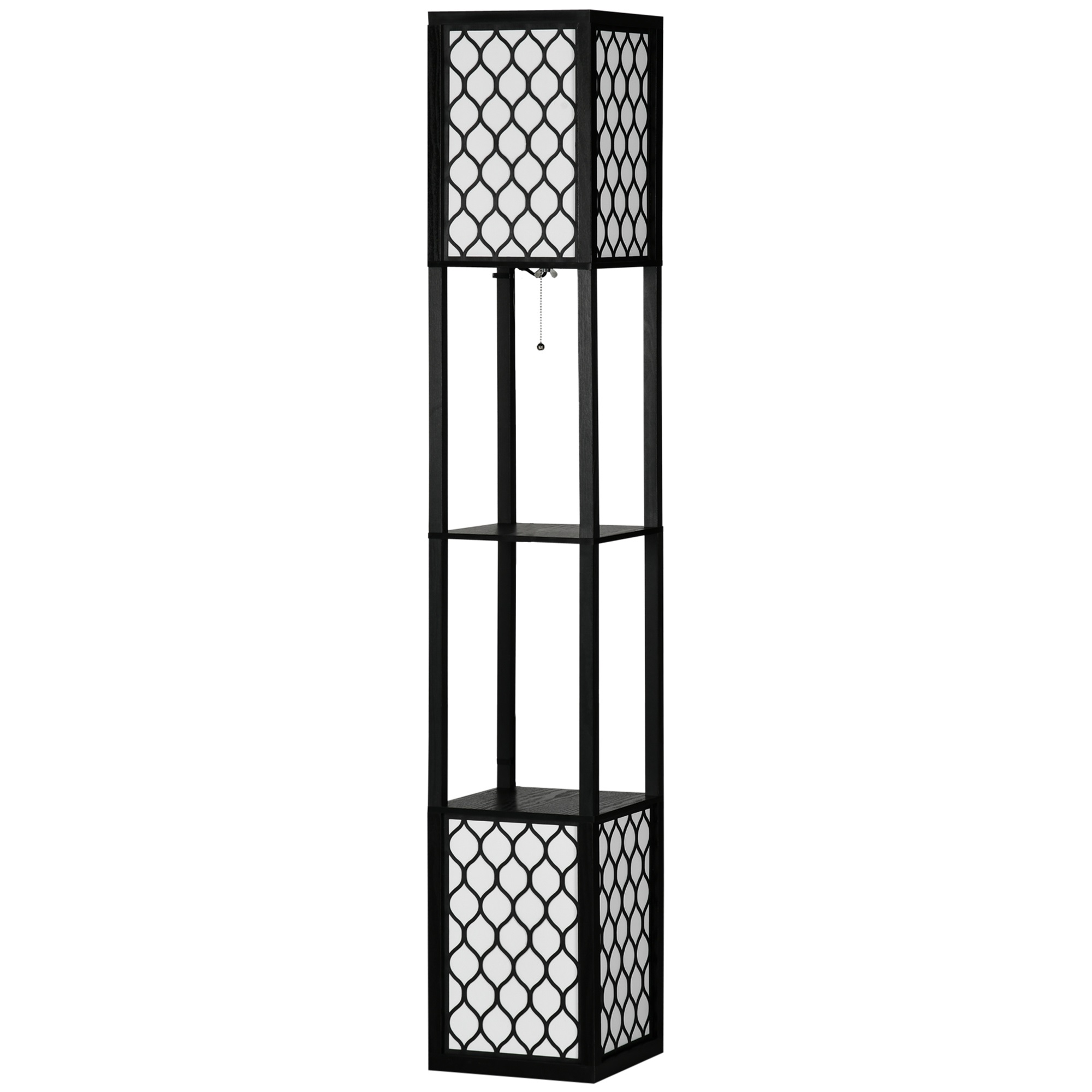 Stehleuchte im modernen Design, 2 Ablagen, Ziehkettenschalter, 26 cm x 26 cm x 156 cm, Schwarz + Weiß