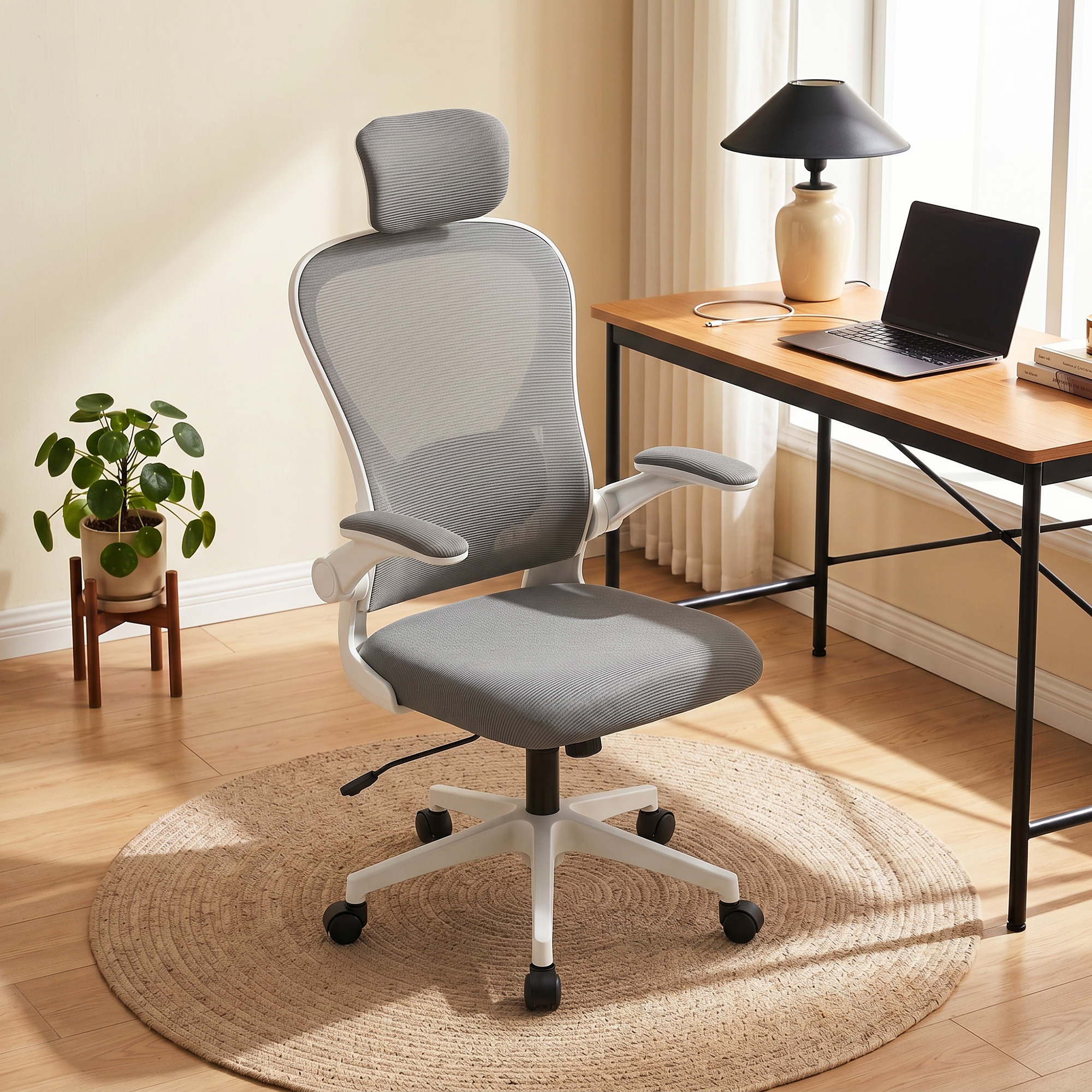 Bürostuhl Ergonomischer Schreibtischstuhl mit Hochklappbaren Armlehnen, Verstellbarer Lendenwirbelstütze Grau