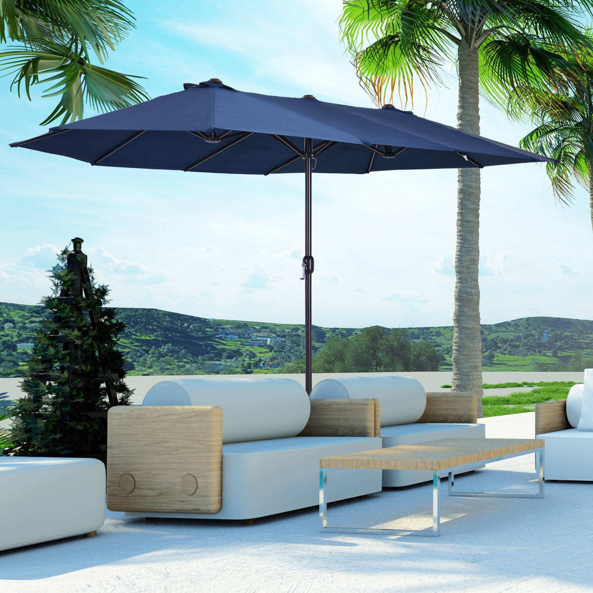Doppelsonnenschirm 455 x 270 cm Gartenschirm mit Handkurbel oval stabil Metallstange Marktschirm Doppelsonnenschirm Terrassenschirm Sonnenschutz für Strand Balkon Terrasse Garten Blau