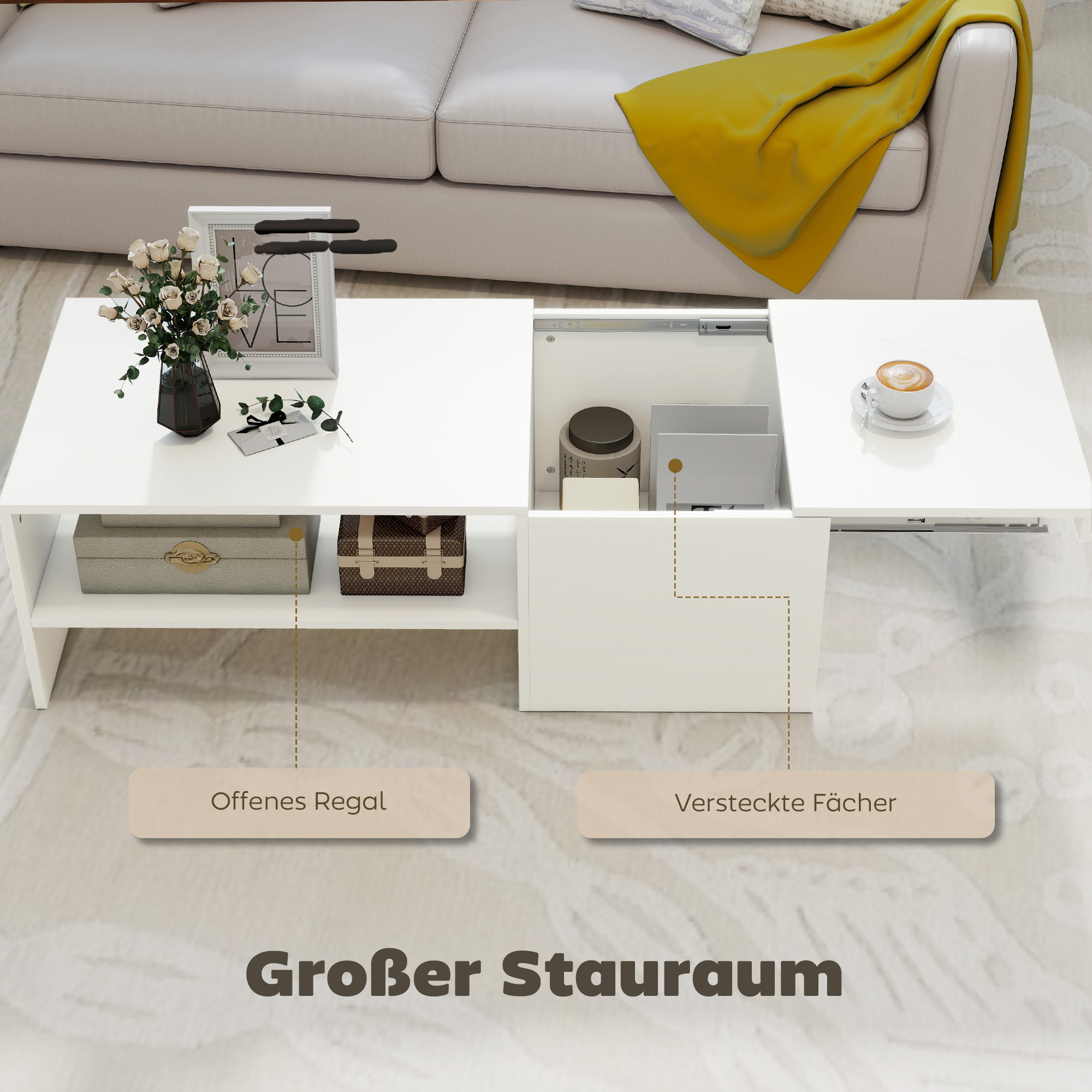 verstellbarer Couchtisch, Metallschienen, Spanplatte, Fußpads, Weiß