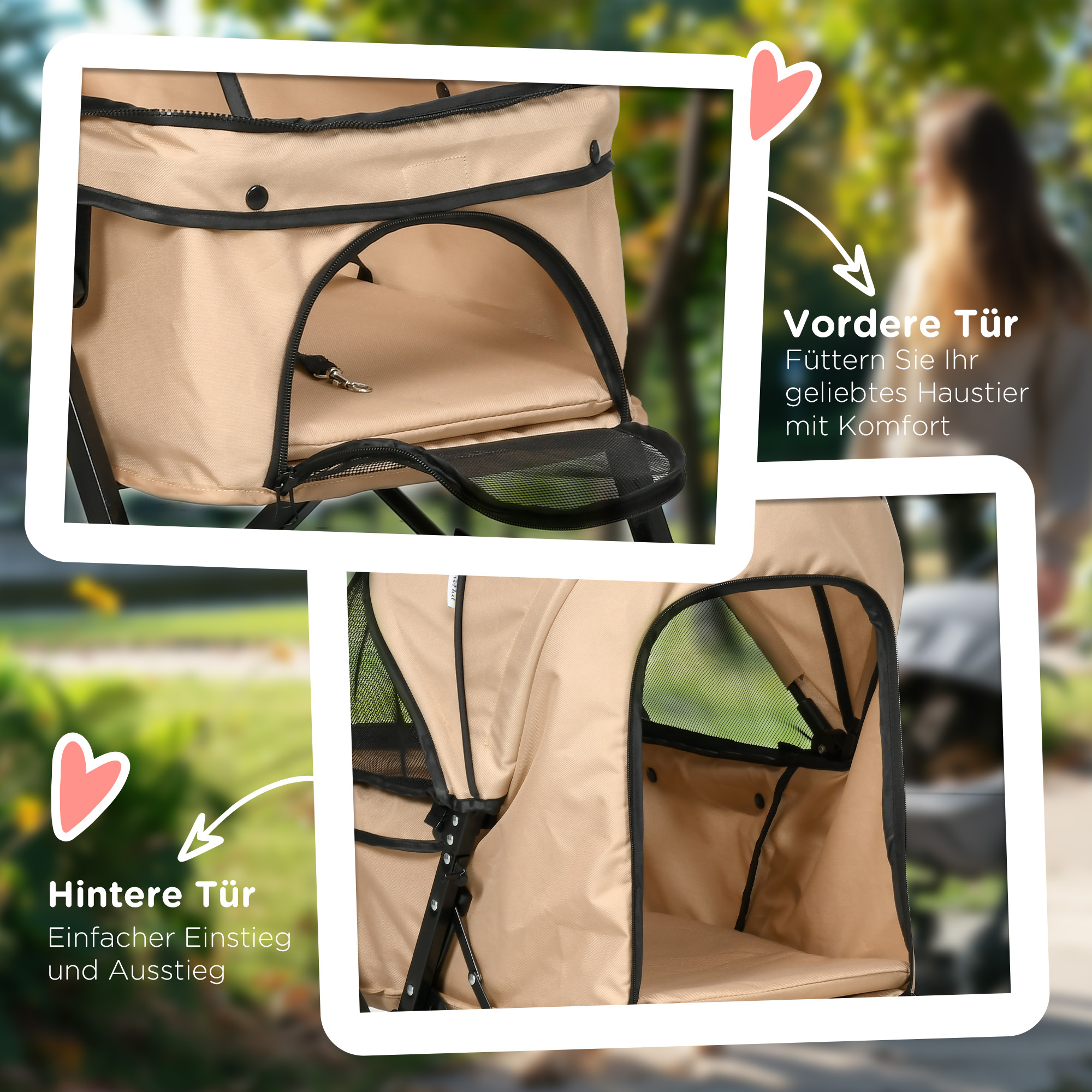 Hundewagen Hundebuggy klappbar, 1 Korb, 2 Bremsen, inkl. Sicherheitsleine, Hellbraun