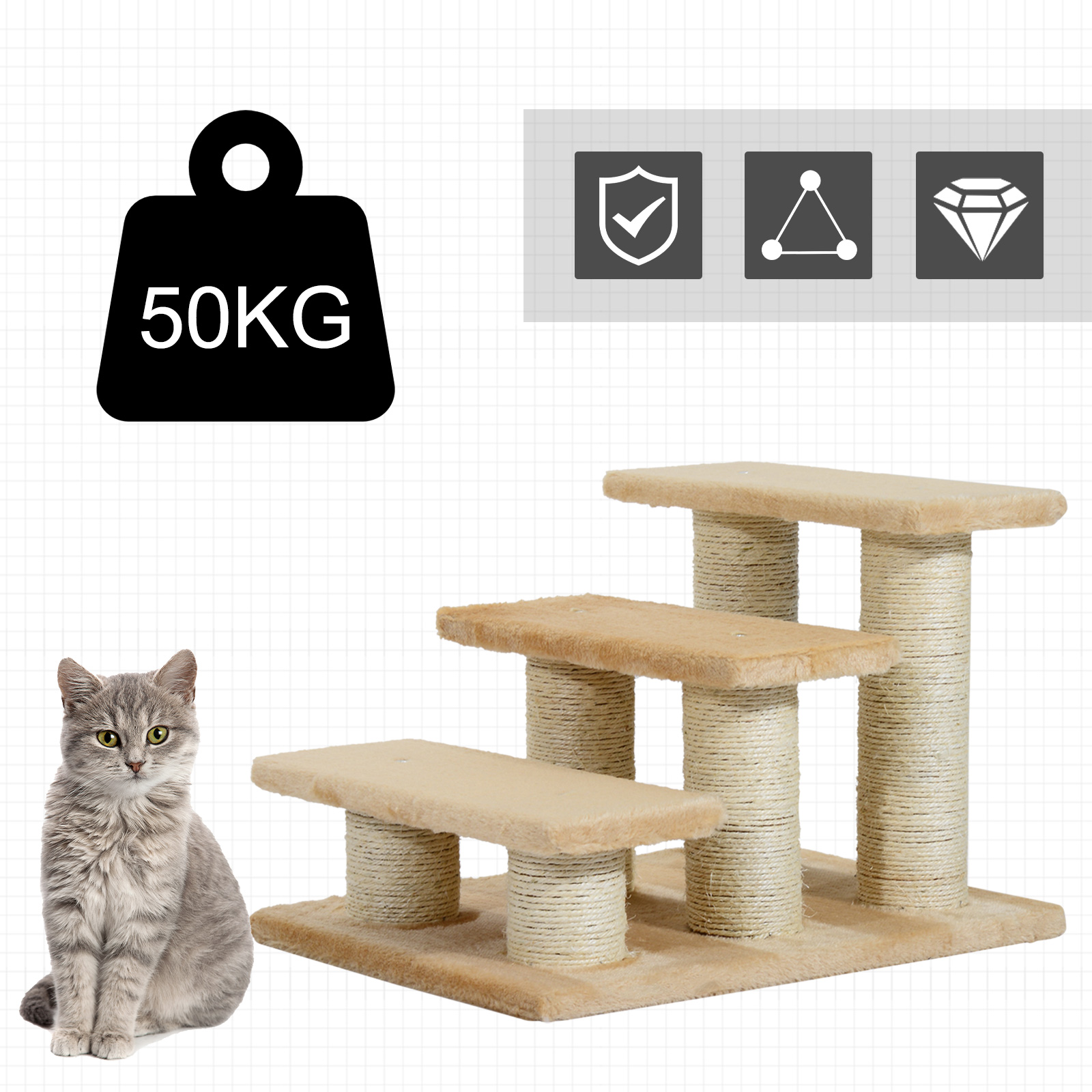 Tiertreppe Katzentreppe Hundetreppe 3 Stufen Treppe für Katze und Hunde Plüsch Creme 45 x 35 x 34 cm
