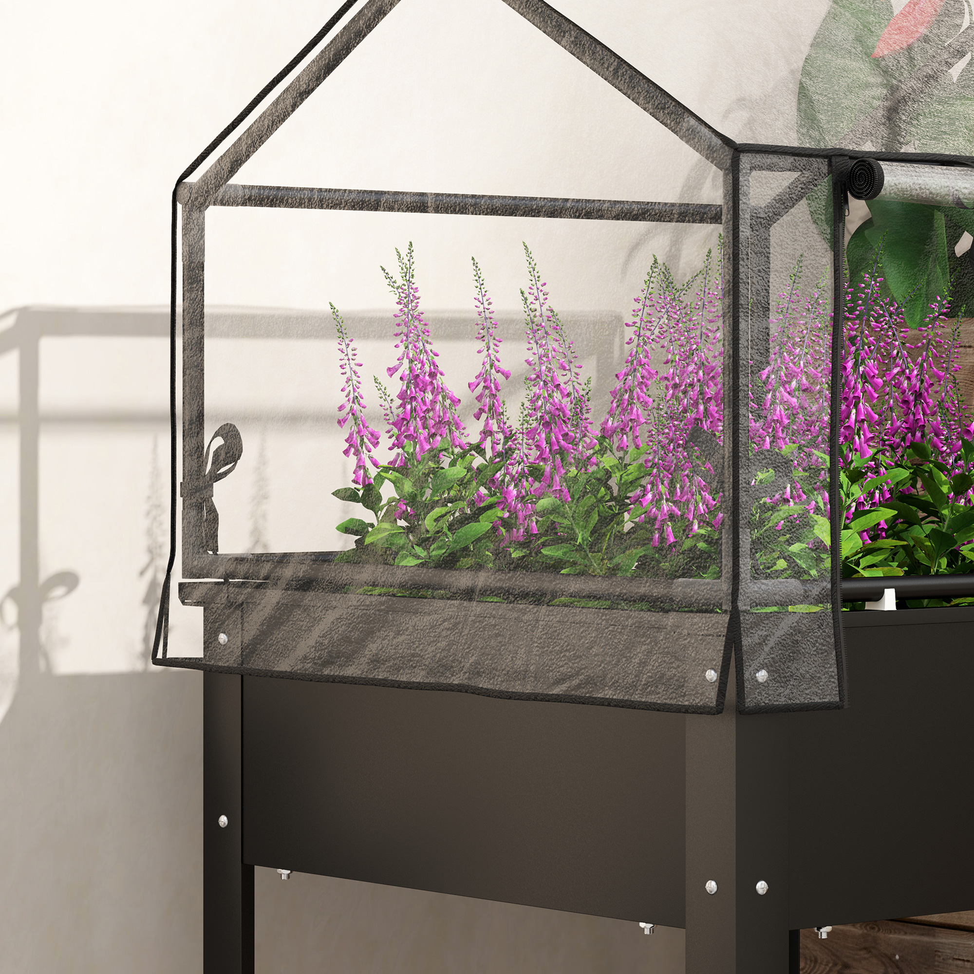 Hochbeet mit Gewächshaus-Dach, Erhöhte Pflanzenbox mit Ablauflöchern, 60 x 60 x 120 cm, Schwarz