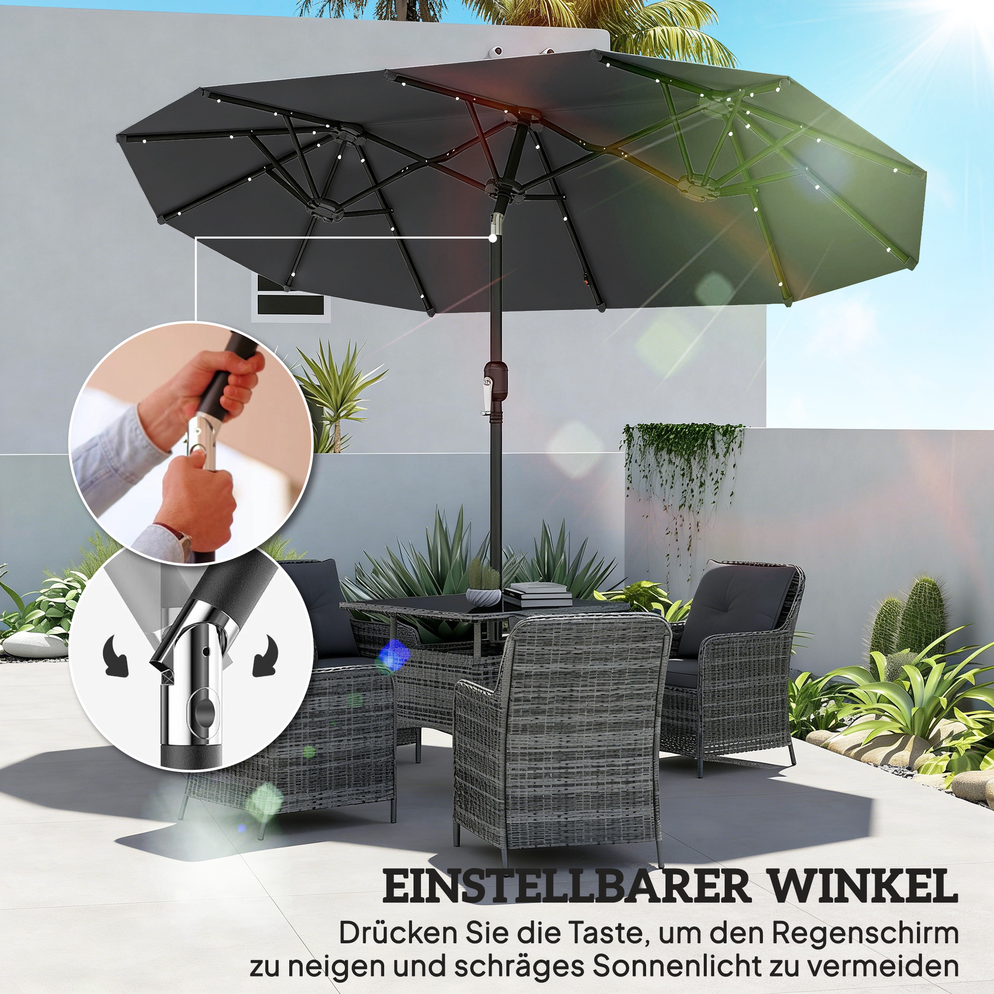 Doppelschirm, Terrassenschirm, neigbar, mit Solarpaneel, 35 LEDs, Stahlrahmen, grau, 2,92 x 1,50 x 2,18 m