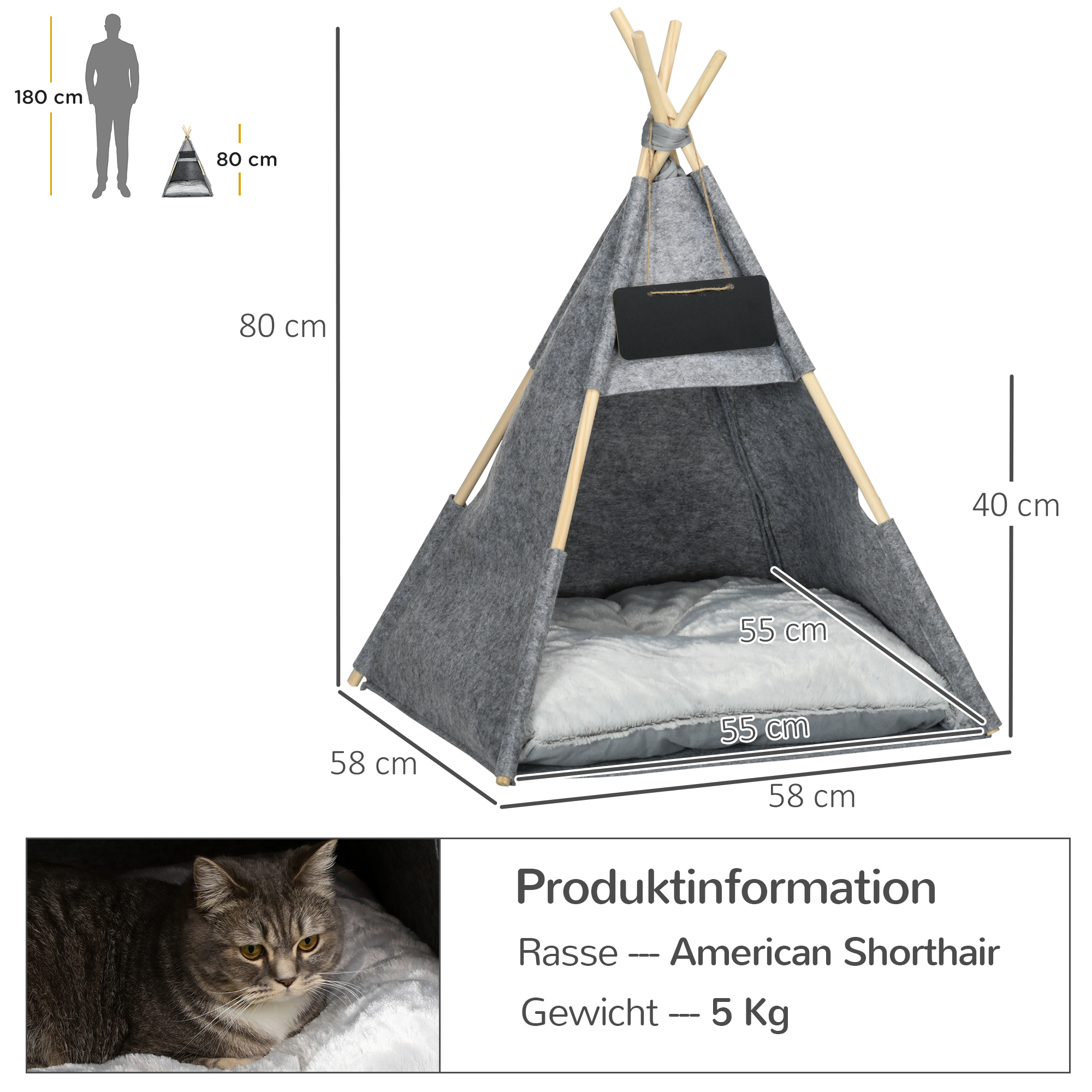 Haustierzelt Katzenhaus Hundezelt Katzenbett Katzenzelt mit weichem Kissen Plüsch Filz maschinenwaschbar Grau 58 x 58 x 80 cm