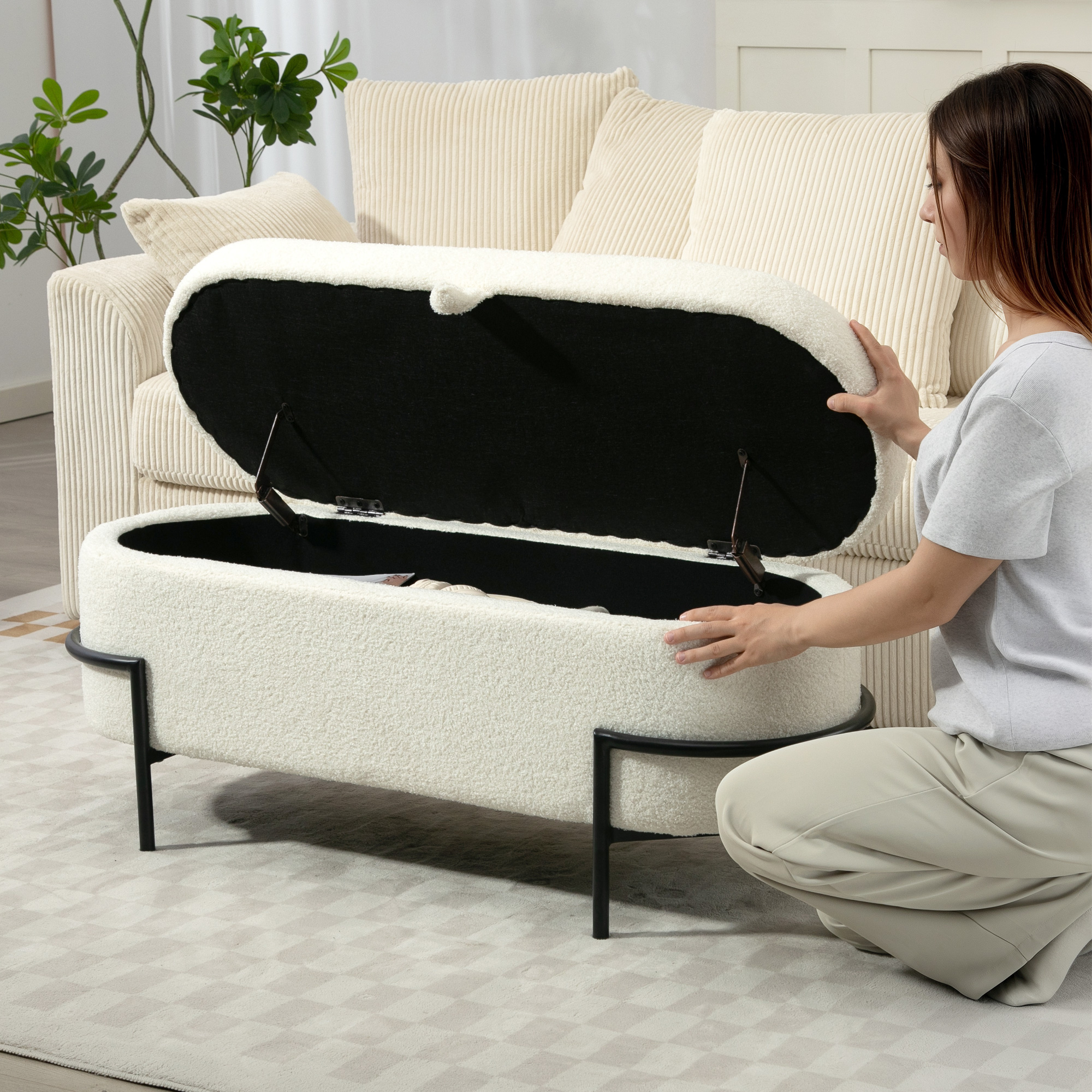 Aufbewahrungs-Hocker, Sitzhocker mit Deckel und Stauraum, Stahlbeine, Polsterhocker mit Fleece-Bezug, Cremeweiß