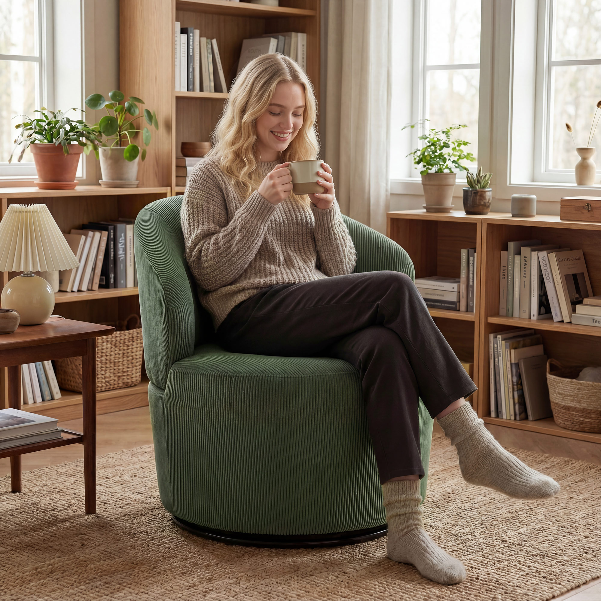 Akzentstuhl, 360-Grad-Drehung, Moderner Drehsessel mit Rundfuß, für Wohnzimmer und Schlafzimmer, Grün