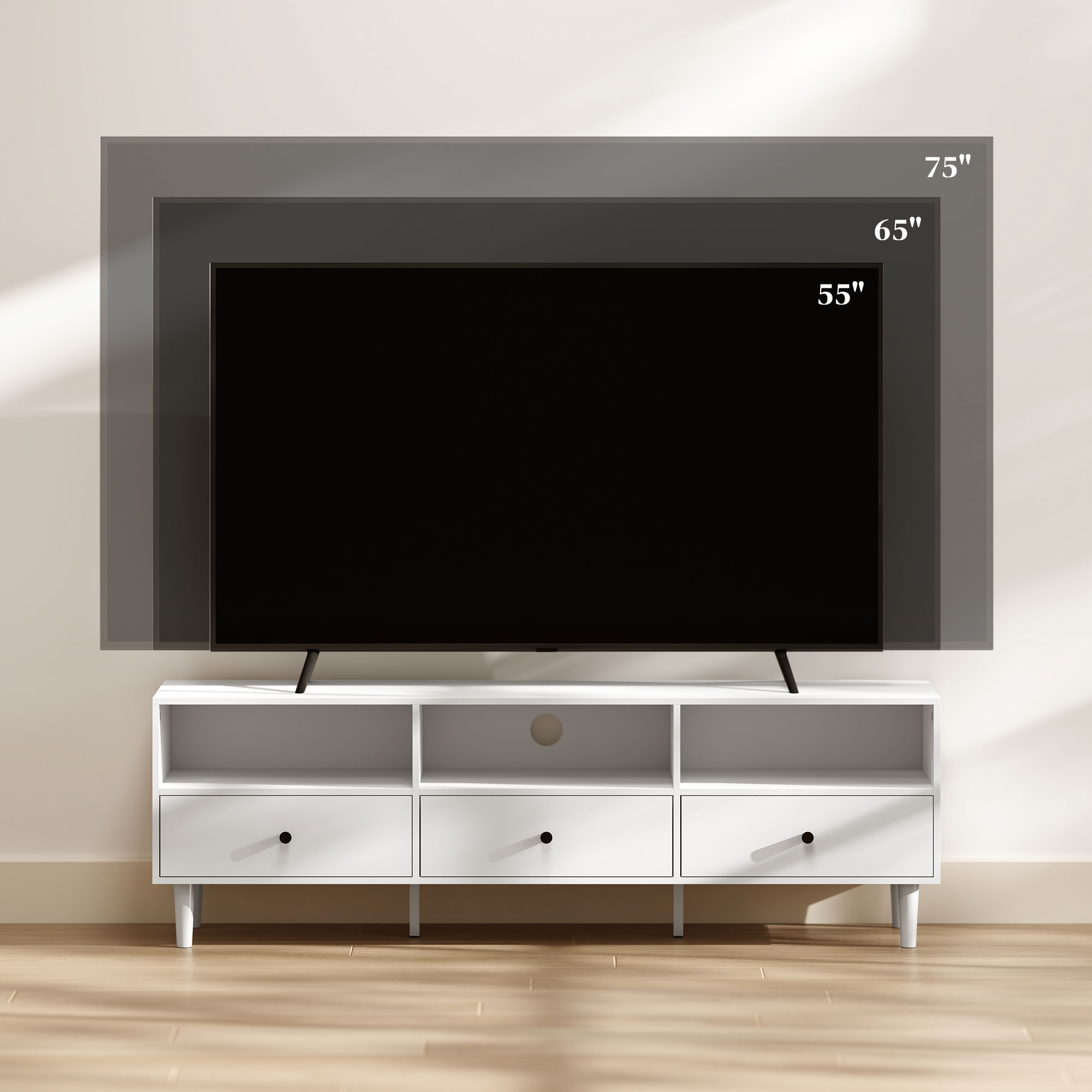 TV-Kommode, TV-Ständer für 75-Zoll-Bildschirme, 3 offene Fächer, 3 Schubladen, Spanplatte, Weiß