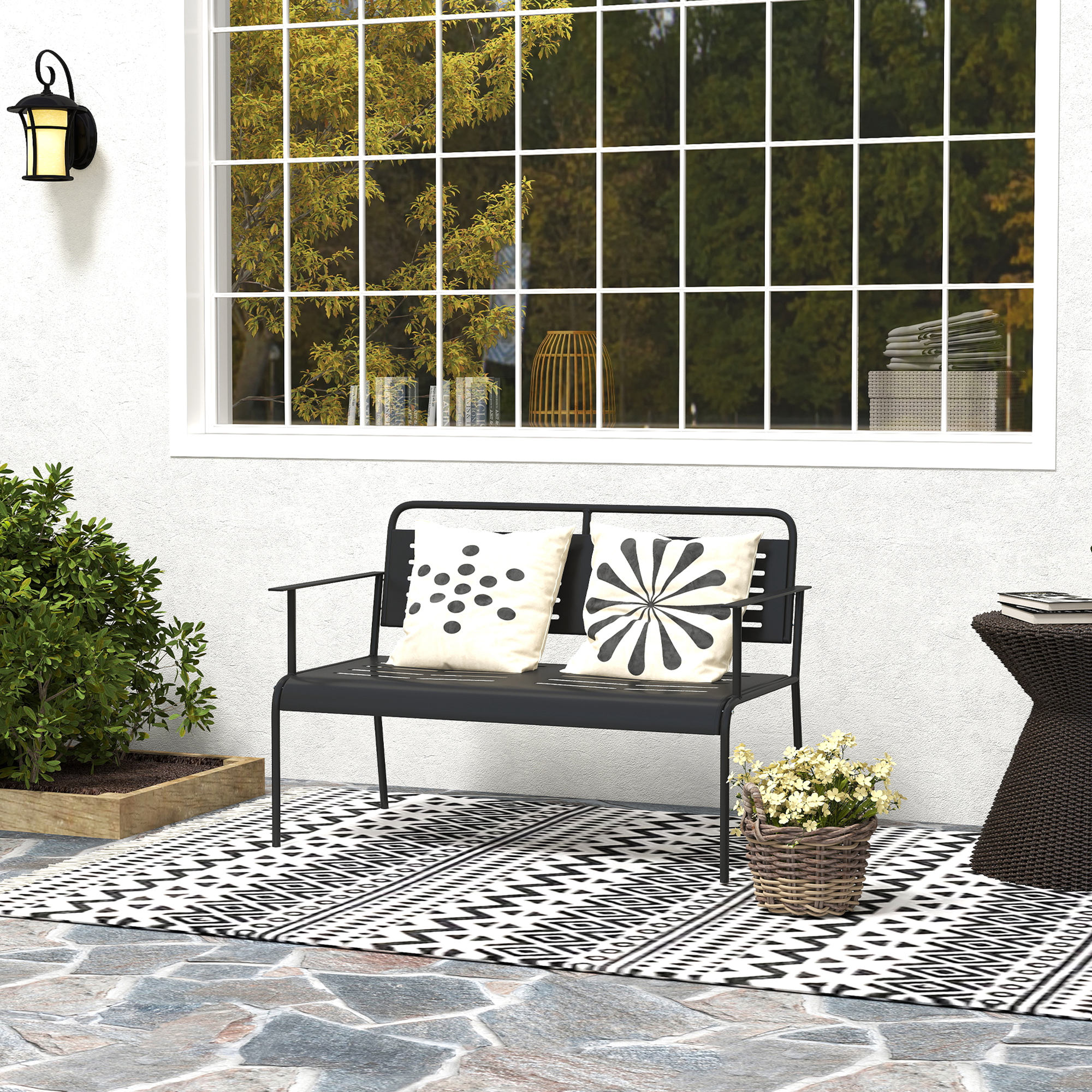 2-Sitzer Gartenbank, wetterfest Sitzbank, wasserabweisend Gartenmöbel mit Rücken- & Armlehnen 121 x 64 x 84cm, Schwarz