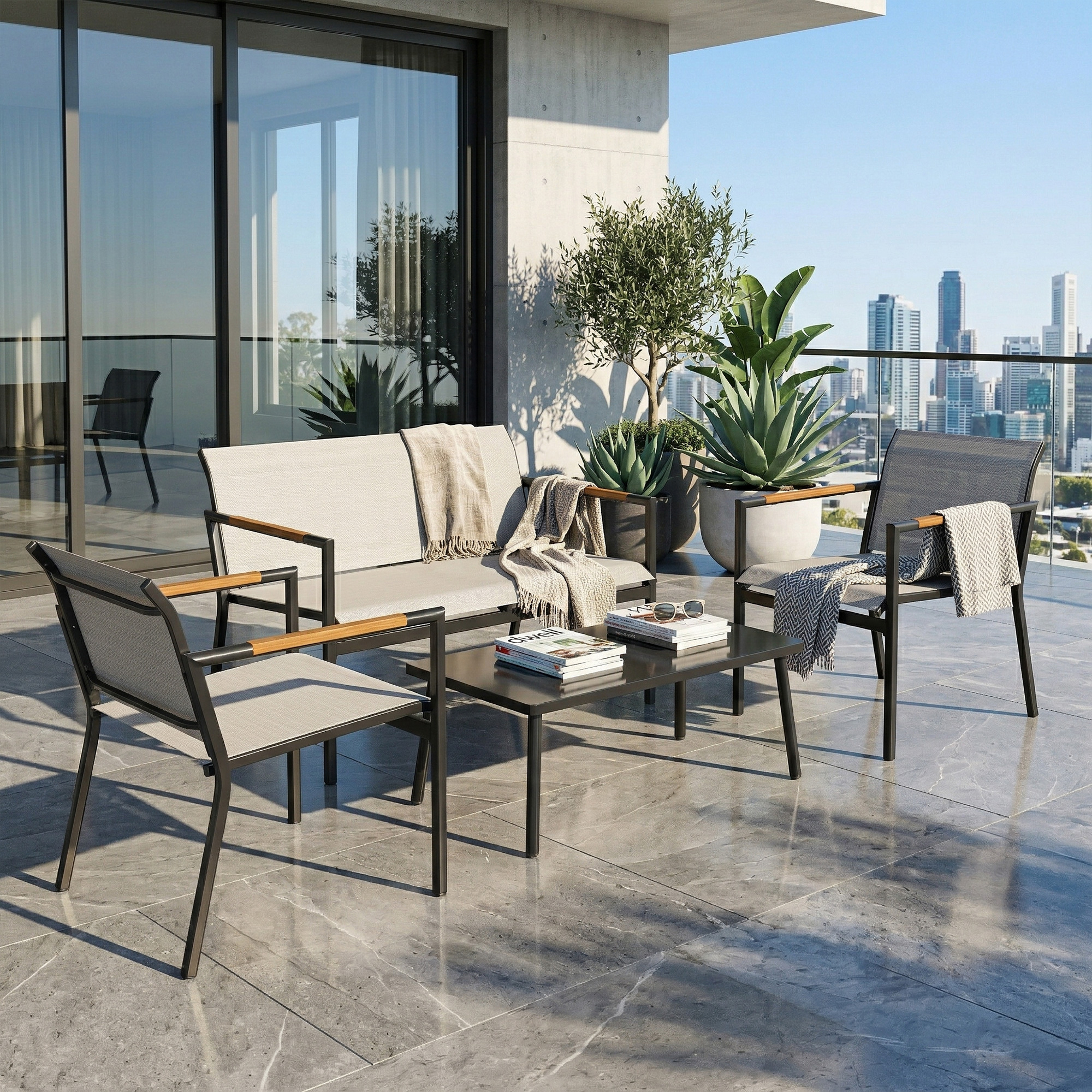 Gartenmöbel Set Sitzgruppe für 4 Personen Atmungsaktiv Gartenlounge mit 2er Sofa 2 Sessel Metall-Tisch Fußpads