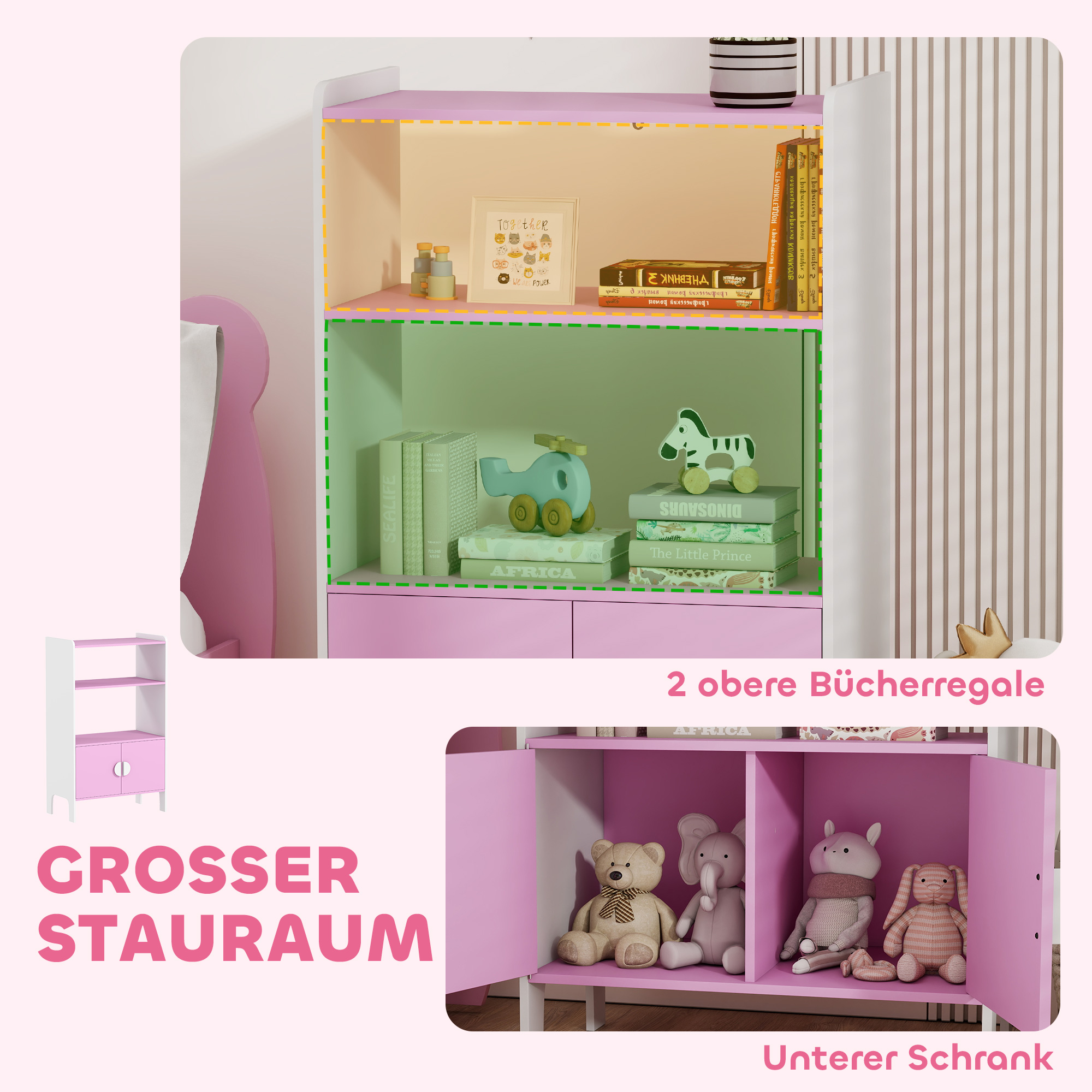 Bücherregal für Kinder, 2 Regale, 2 Schränke, freistehend, Anti-Kipp-Design, rutschfeste Füße, MDF, Rosa+Weiß
