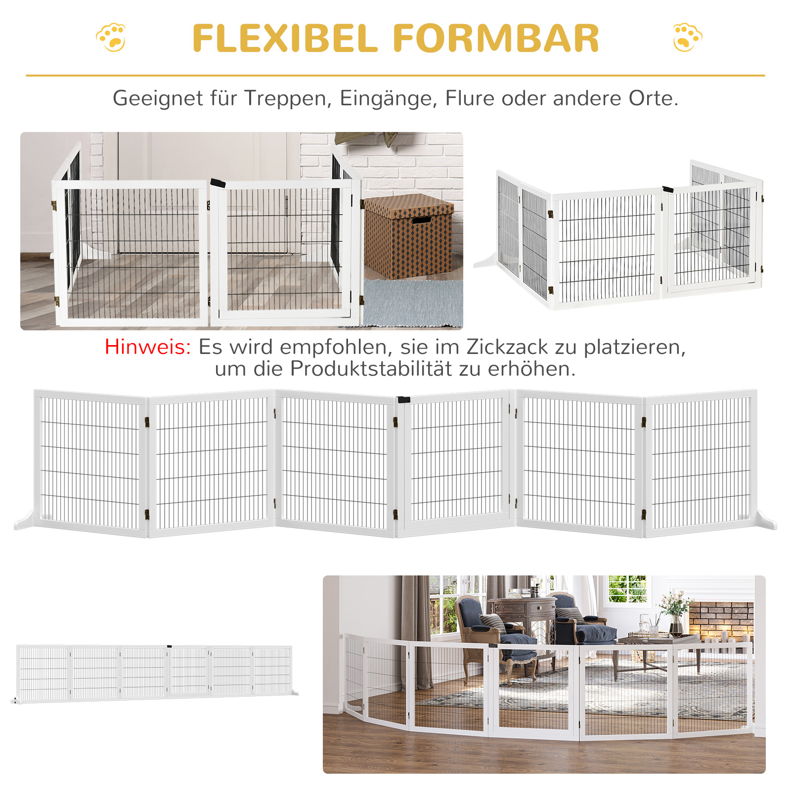 Absperrgitter für Hunde, klappbar, 432 x 36 x 70 cm, Kiefernholz, Weiß