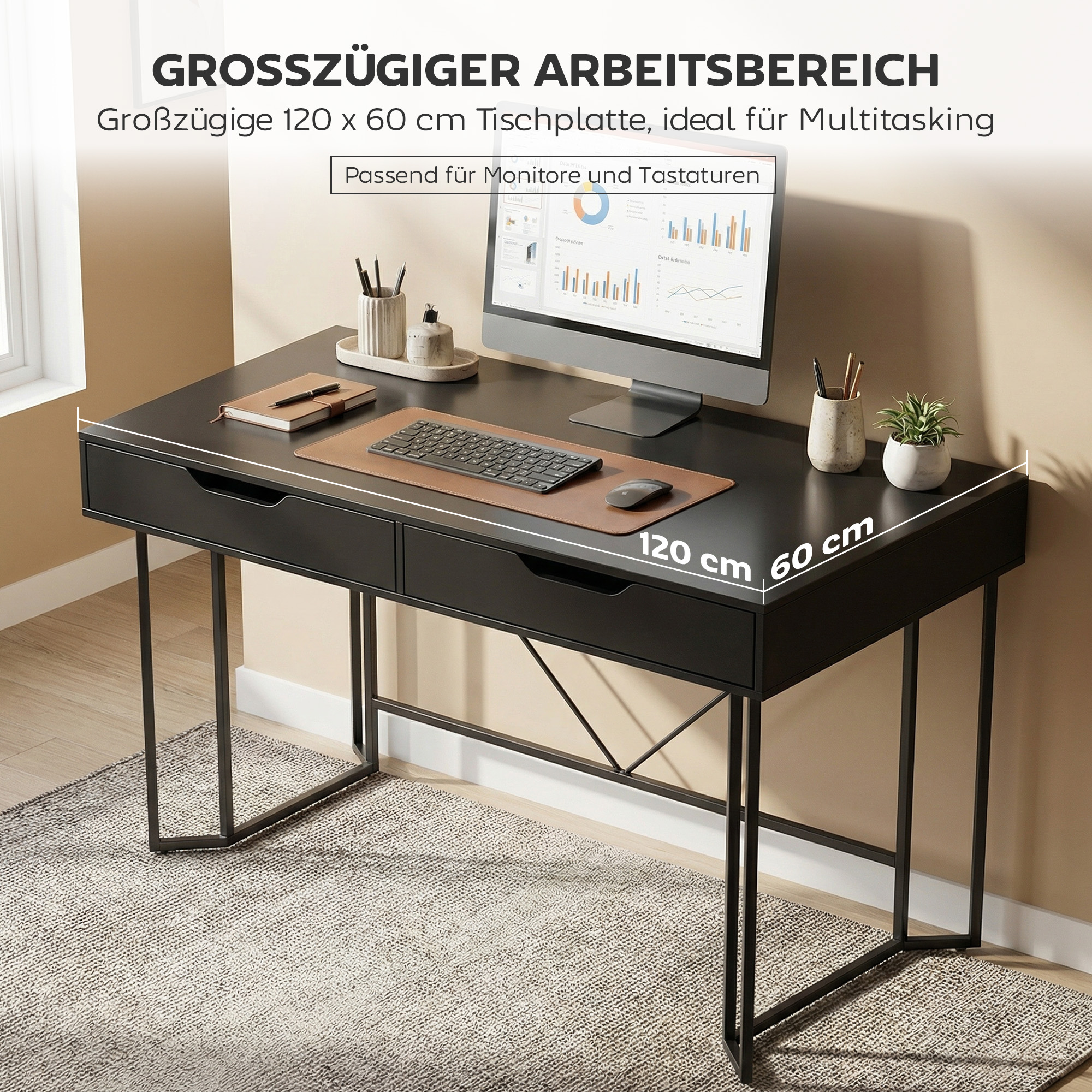 kleiner Computertisch mit 2 Schubladen, Schreibtisch mit großer Arbeitsfläche 120 x 60 x 77 cm Schwarz