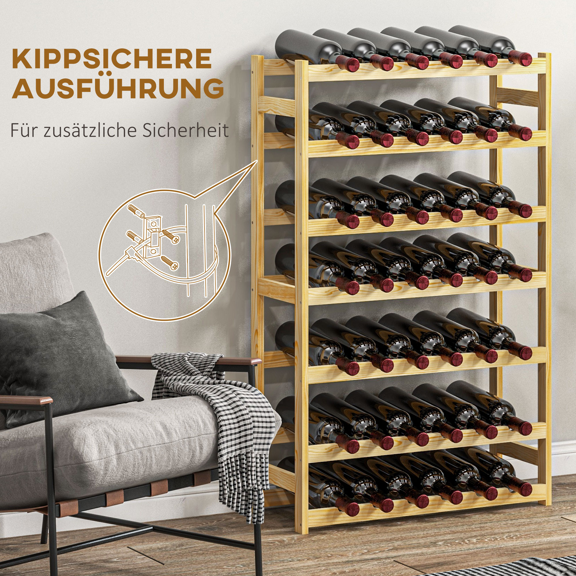 Weinregal, 7 Etagen, für 42 Flaschen, Kippschutz, Kiefernholz, 63x25x102cm, Natur
