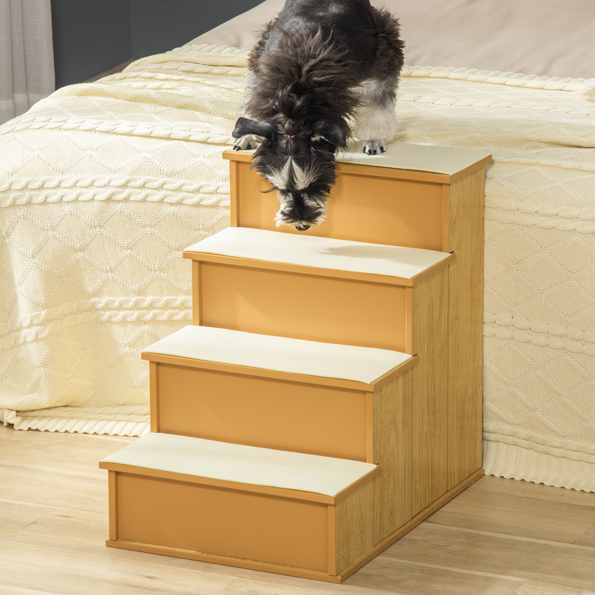 Haustiertreppe, für Hunde/Katzen, 4-stufig, Kurzplüsch, bis 30 kg, 40 x 59 x 54,2 cm, Natur