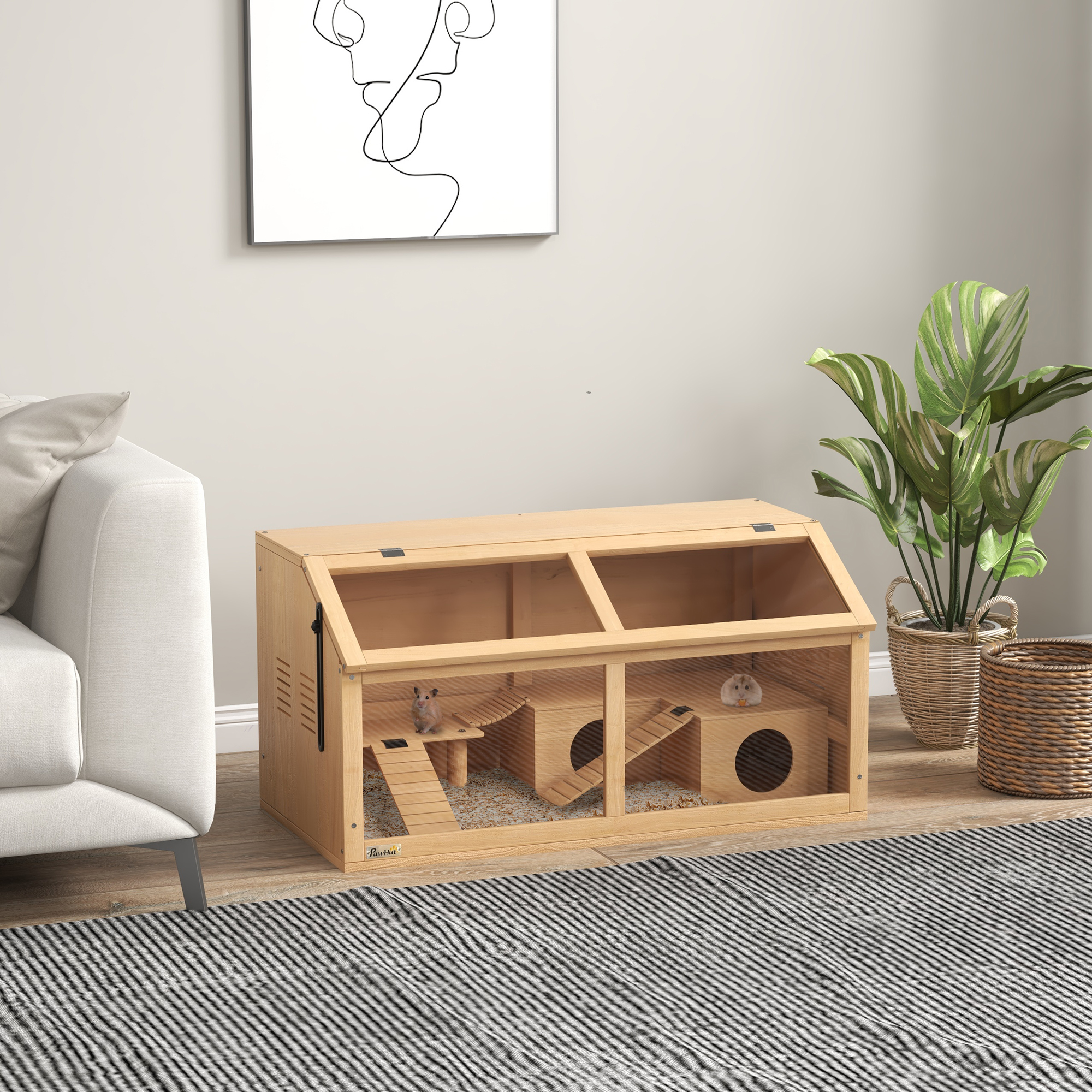 Hamsterkäfig für syrische Hamster und Zwerghamster, mit Plattform, Hängebrücke, Hütte, 85x45x44 cm